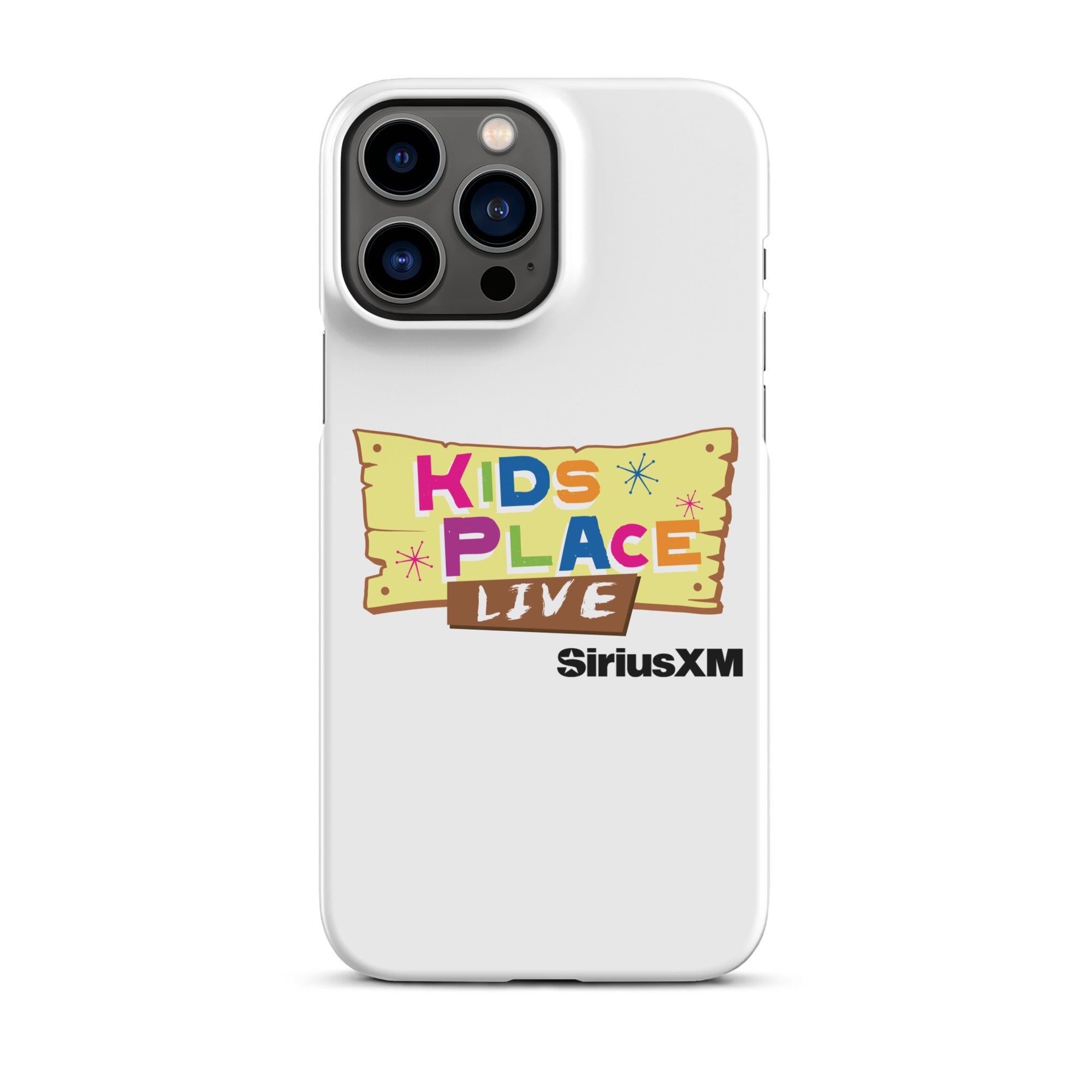 White phone case featuring 'KIDS PLACE LIVE' and 'SiriusXM' logos in colorful, playful design.