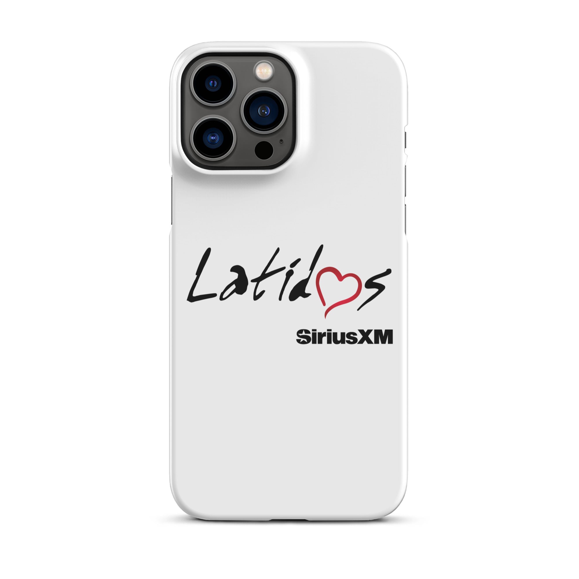 White phone case featuring the text 'Latidos' with a red heart and 'SiriusXM' logo.