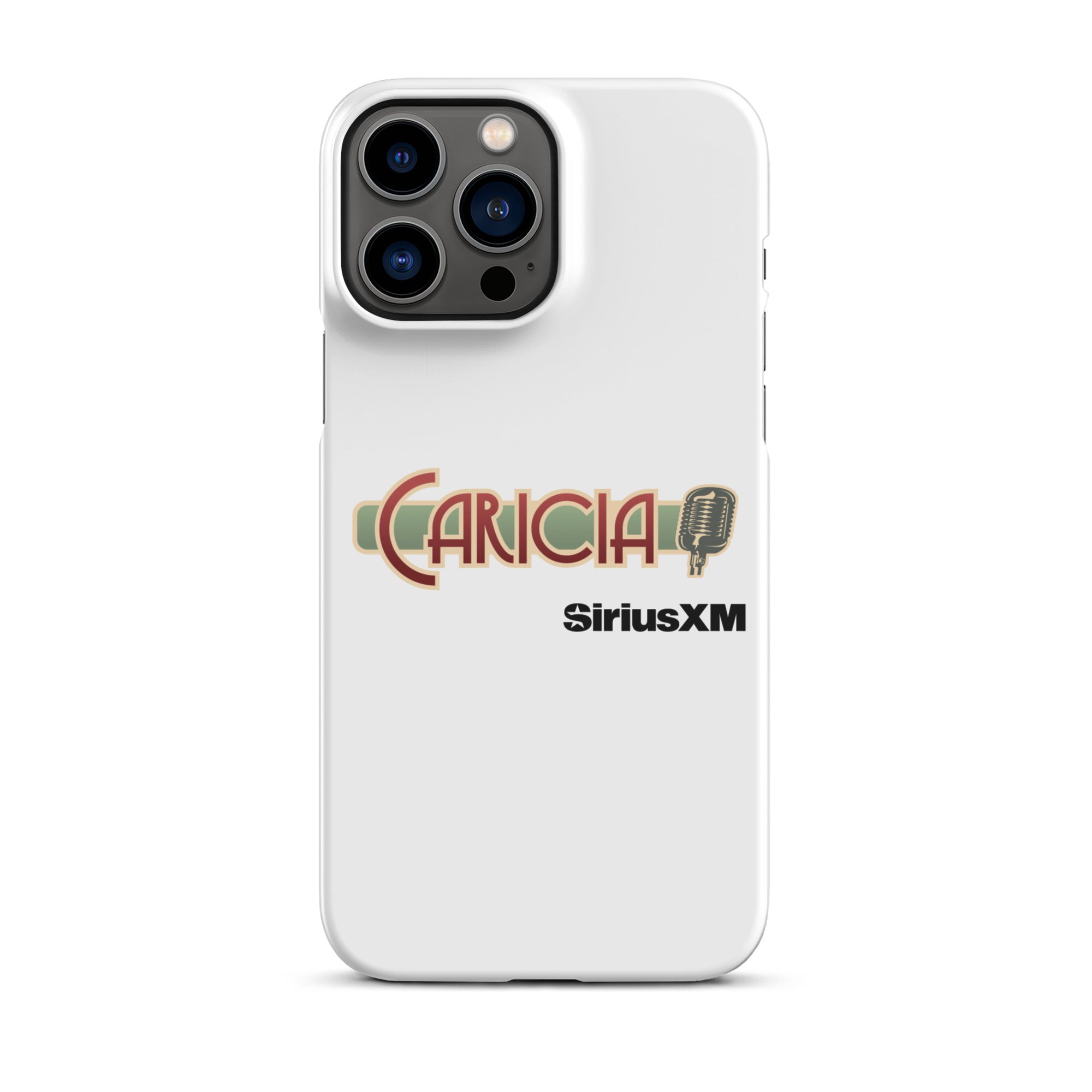 White phone case with a logo of 'Caricia' with a microphone icon and 'SiriusXM' branding.