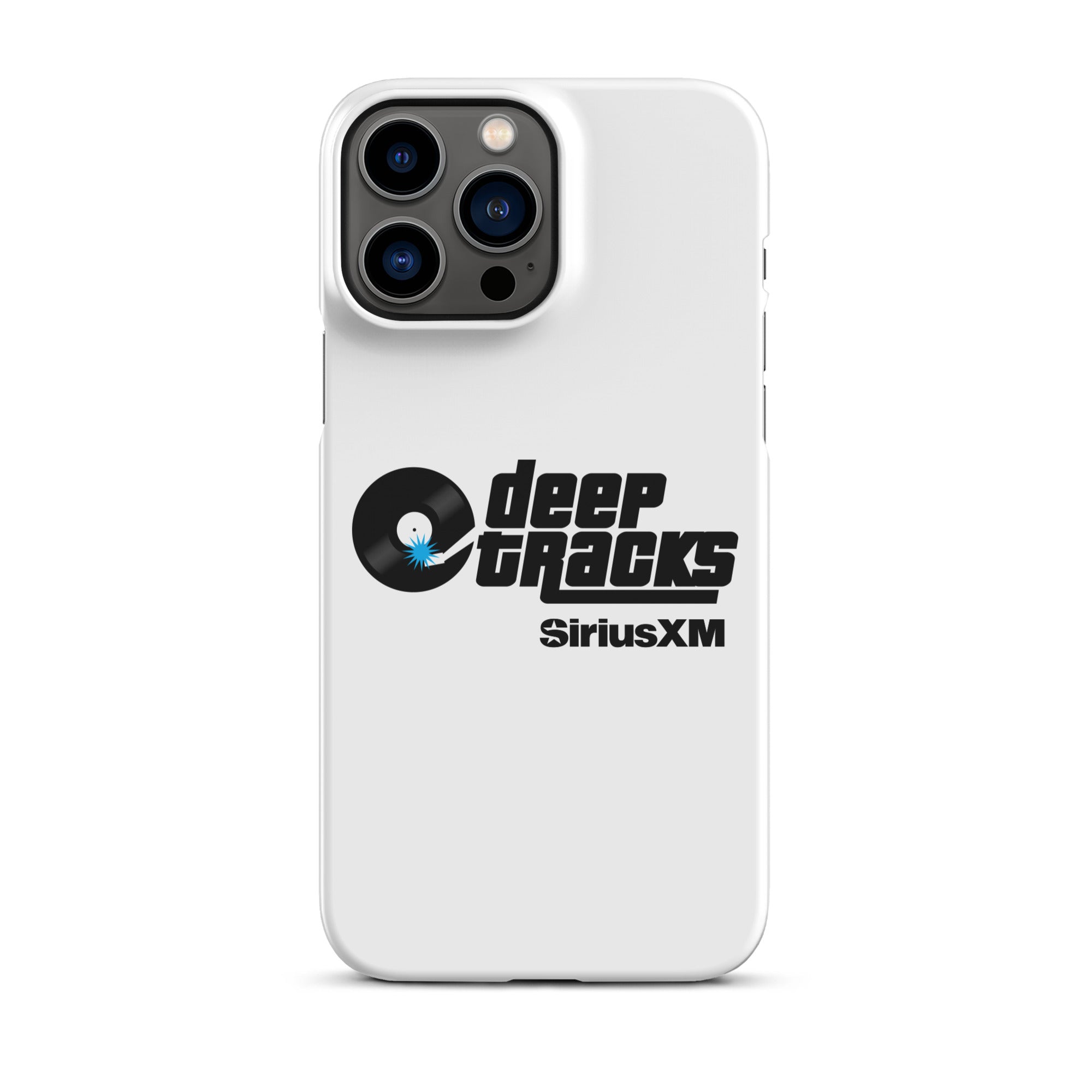 White phone case featuring 'deep TRACKS' and 'SiriusXM' logos with a vinyl record graphic.