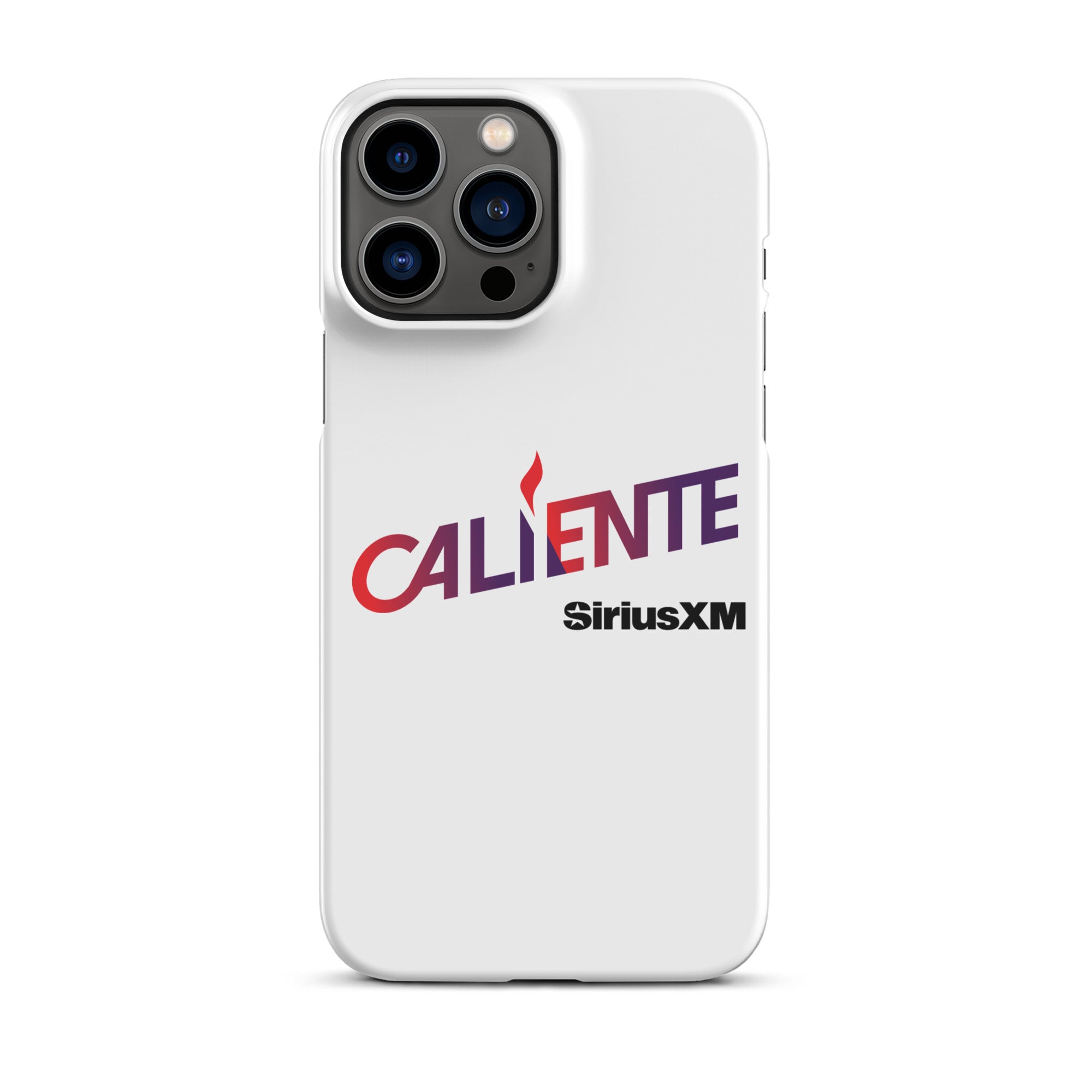 White phone case featuring 'CALIENTE' logo and 'SiriusXM' in bold lettering.