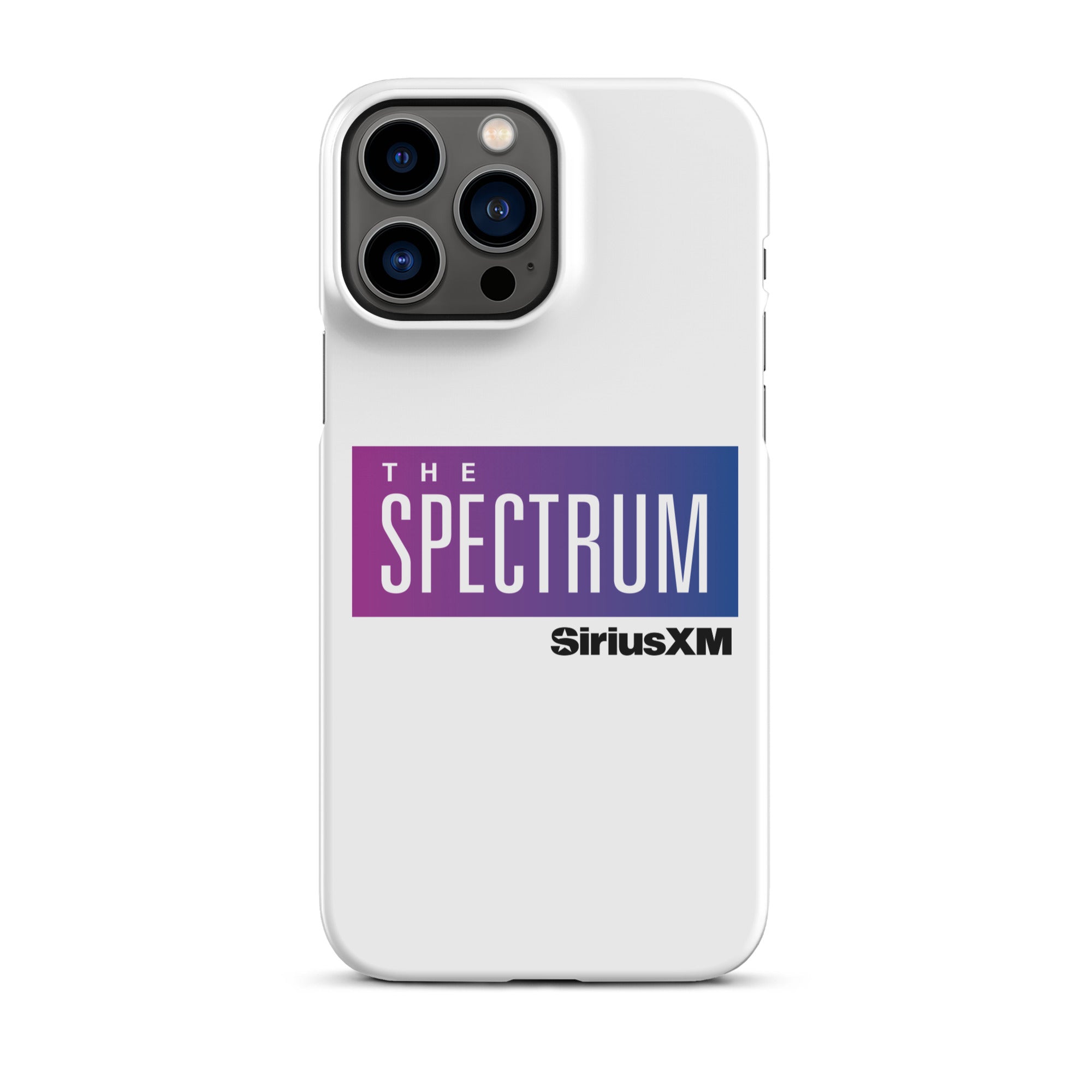 White phone case featuring 'THE SPECTRUM' logo  in gradient blue and purple.and 'SiriusXM' branding.