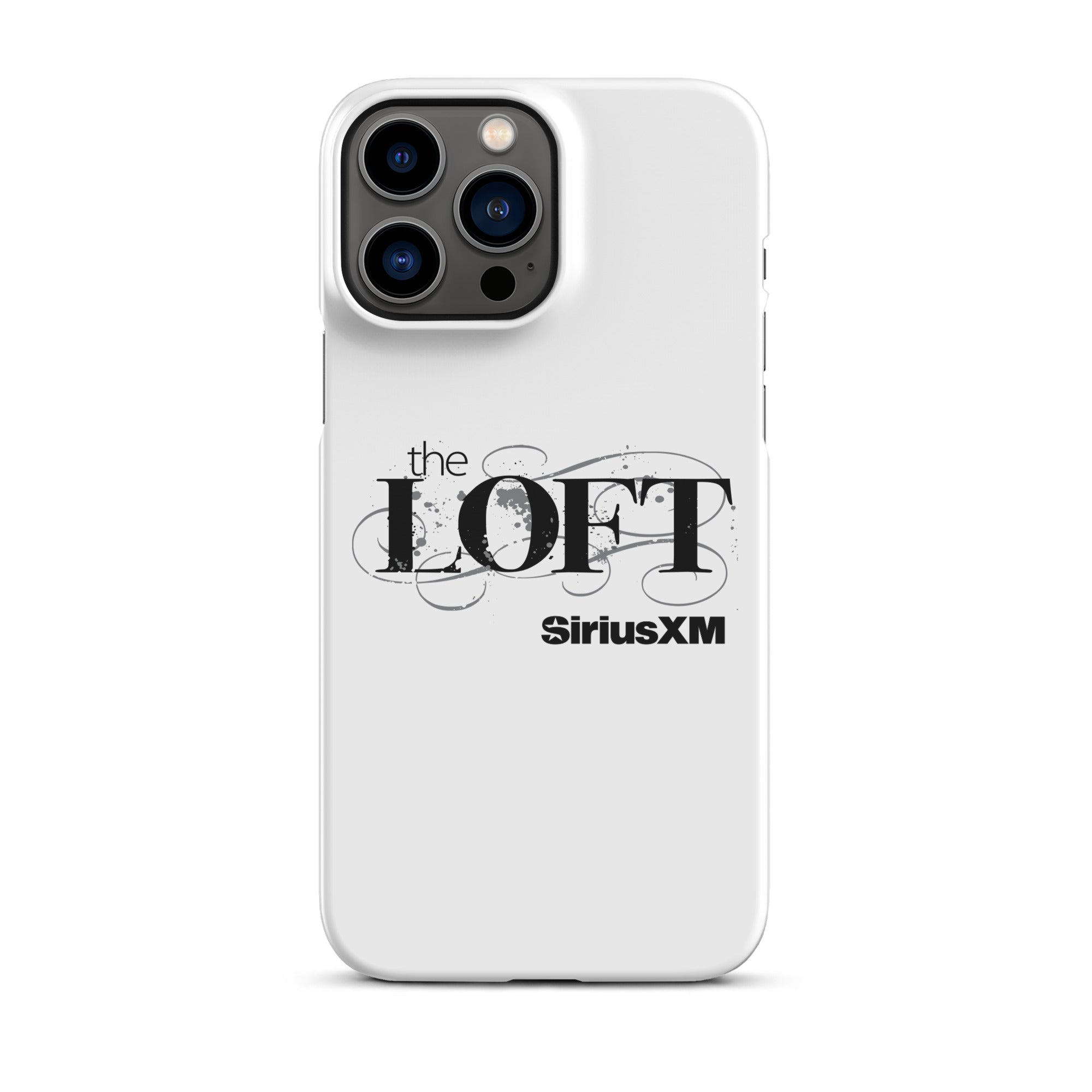 White phone case featuring 'the LOFT' and 'SiriusXM' logos in black text.