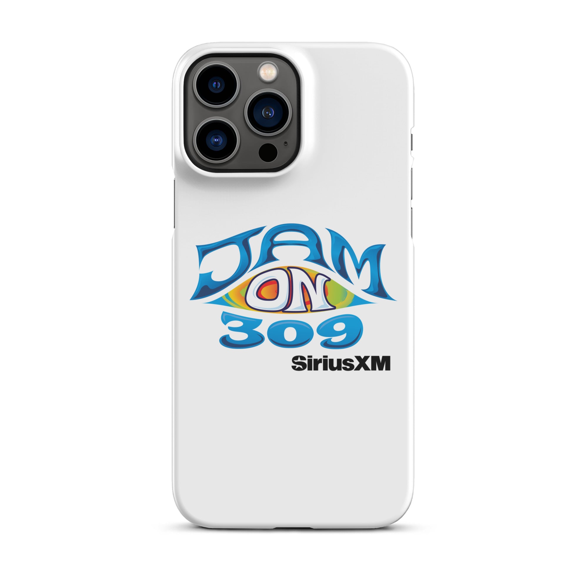 White phone case featuring the logo 'JAM ON 309' and 'SiriusXM' in colorful, stylized lettering.