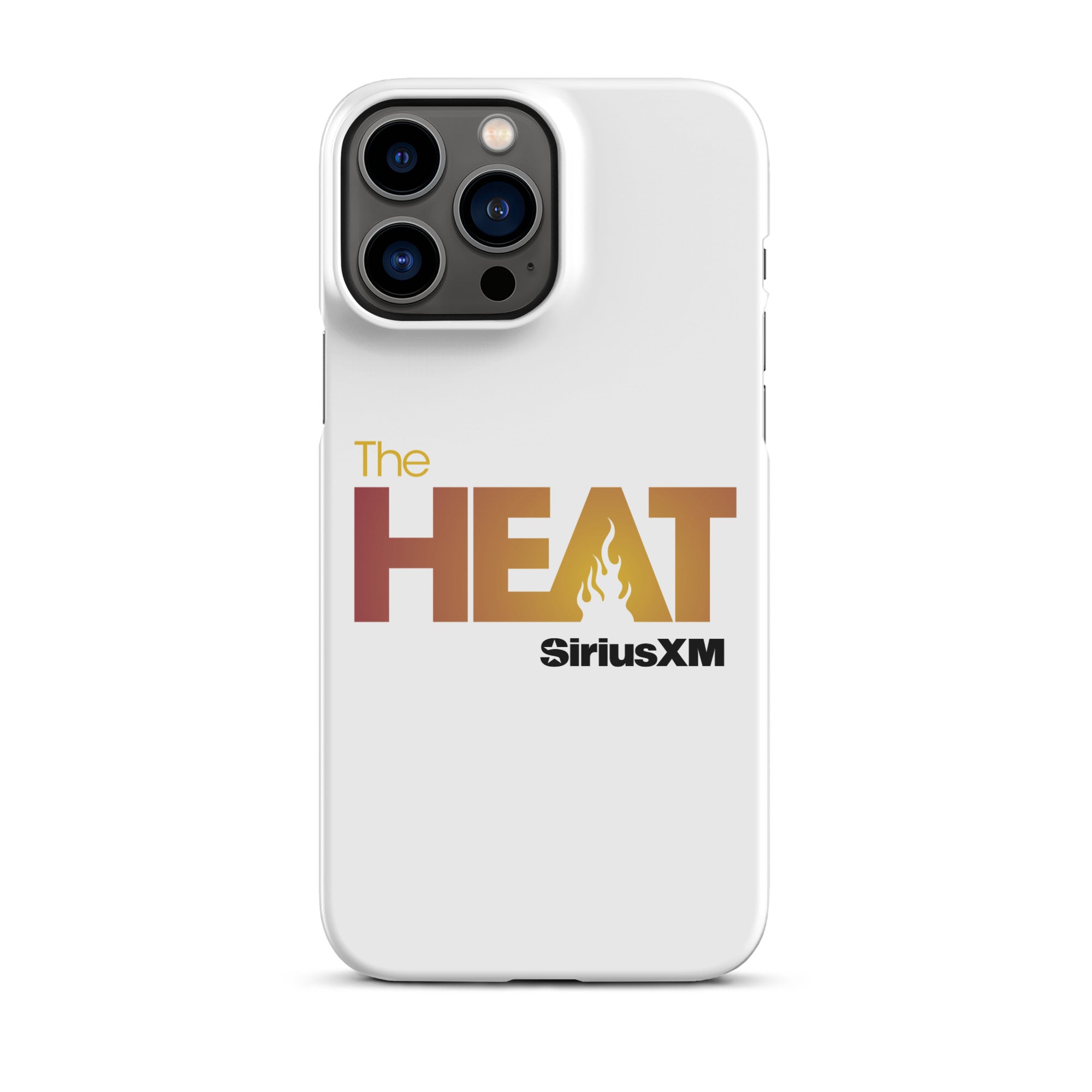 White phone case featuring 'The HEAT' text with a flame design and 'SiriusXM' logo.