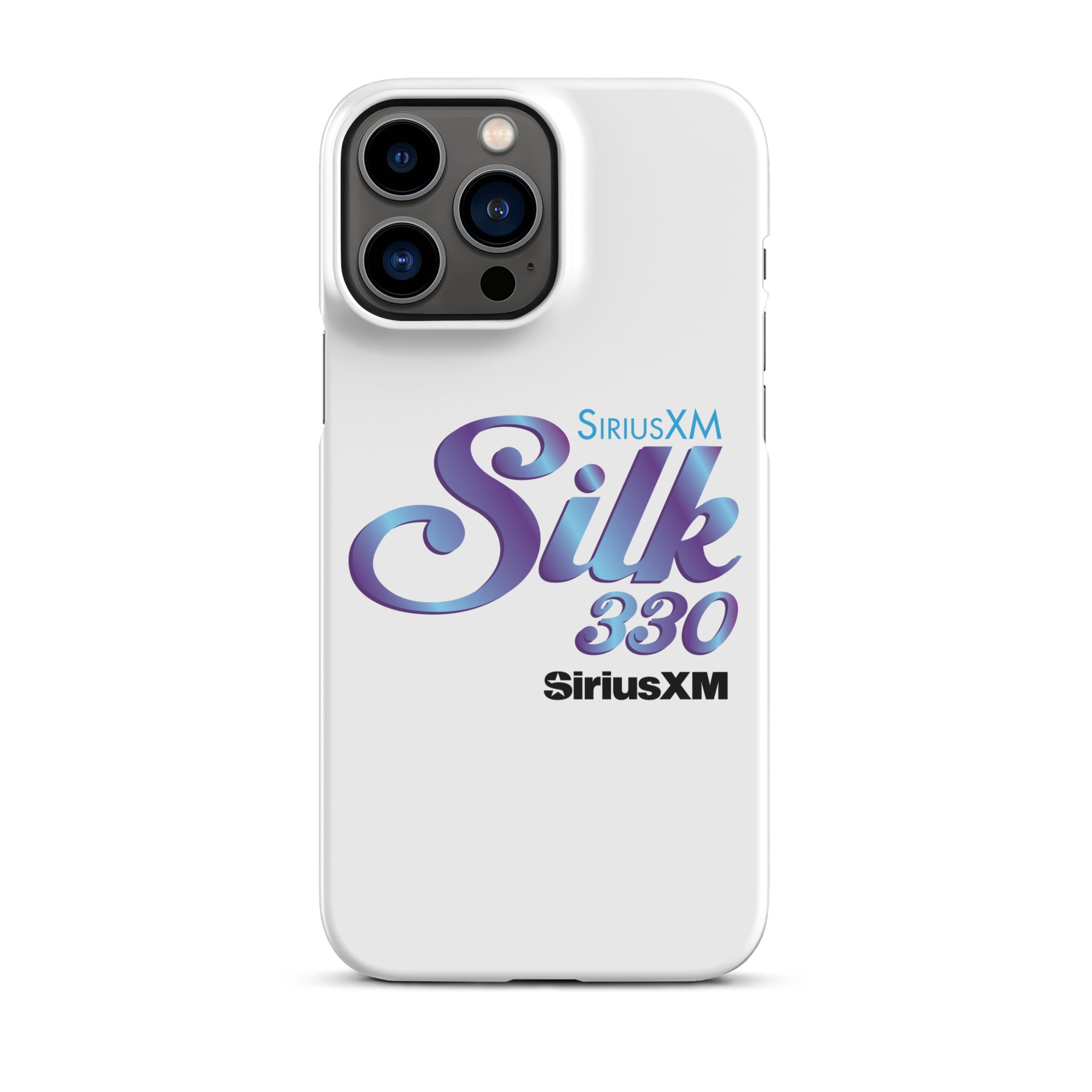 White smartphone case with 'SiriusXM Silk 330' logo in stylized purple and blue lettering and 'SiriusXM' branding.
