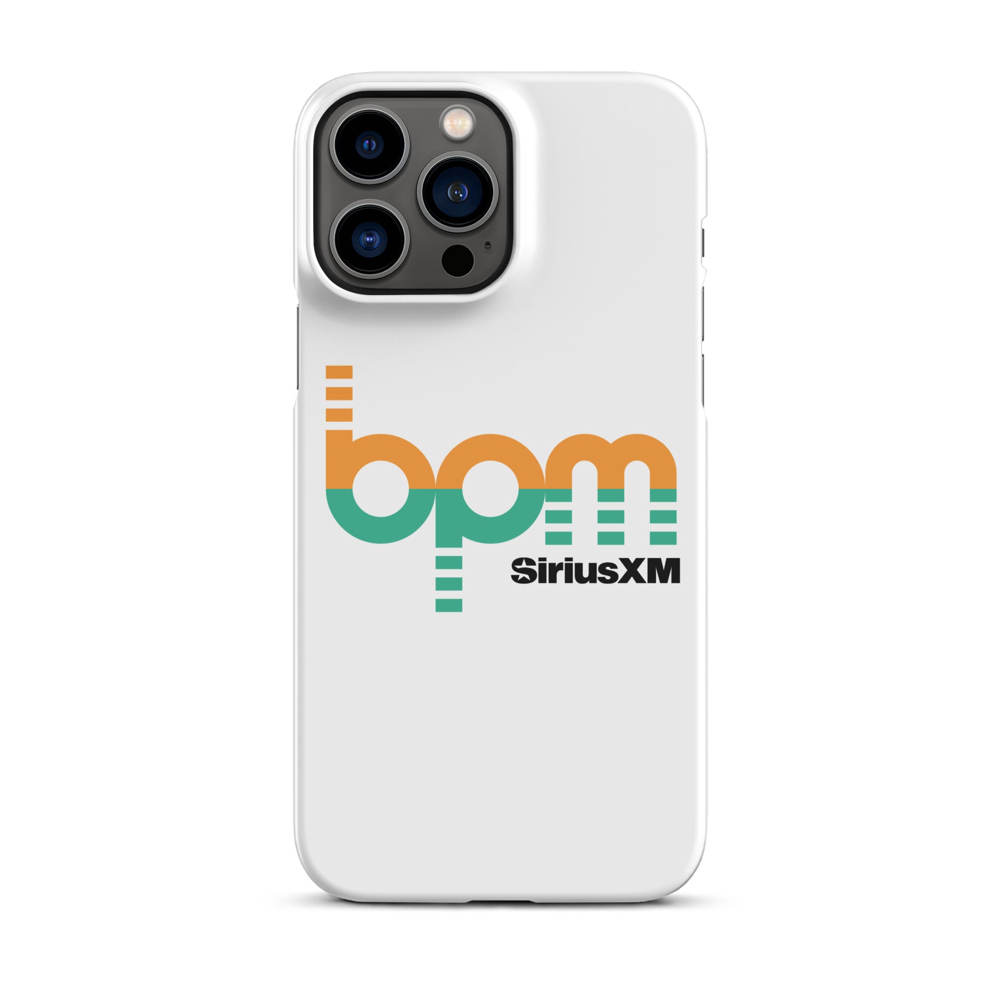 A white phone case featuring the 'BPM' logo in green and orange with 'SiriusXM' branding.