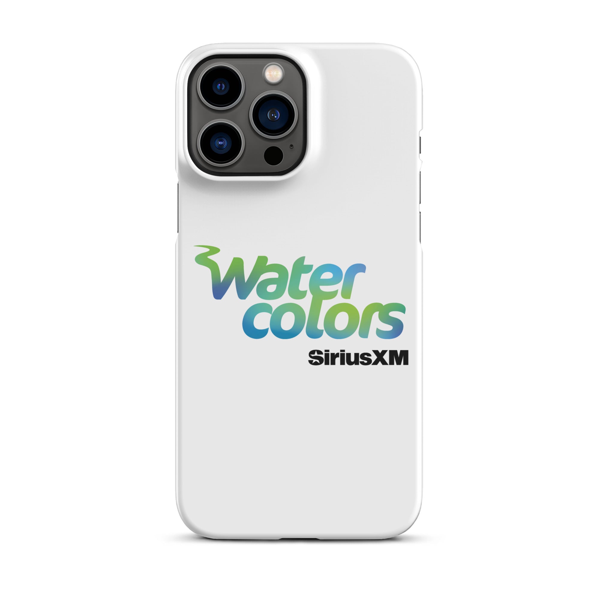 A white phone case featuring the 'Watercolors' logo and 'SiriusXM' branding.