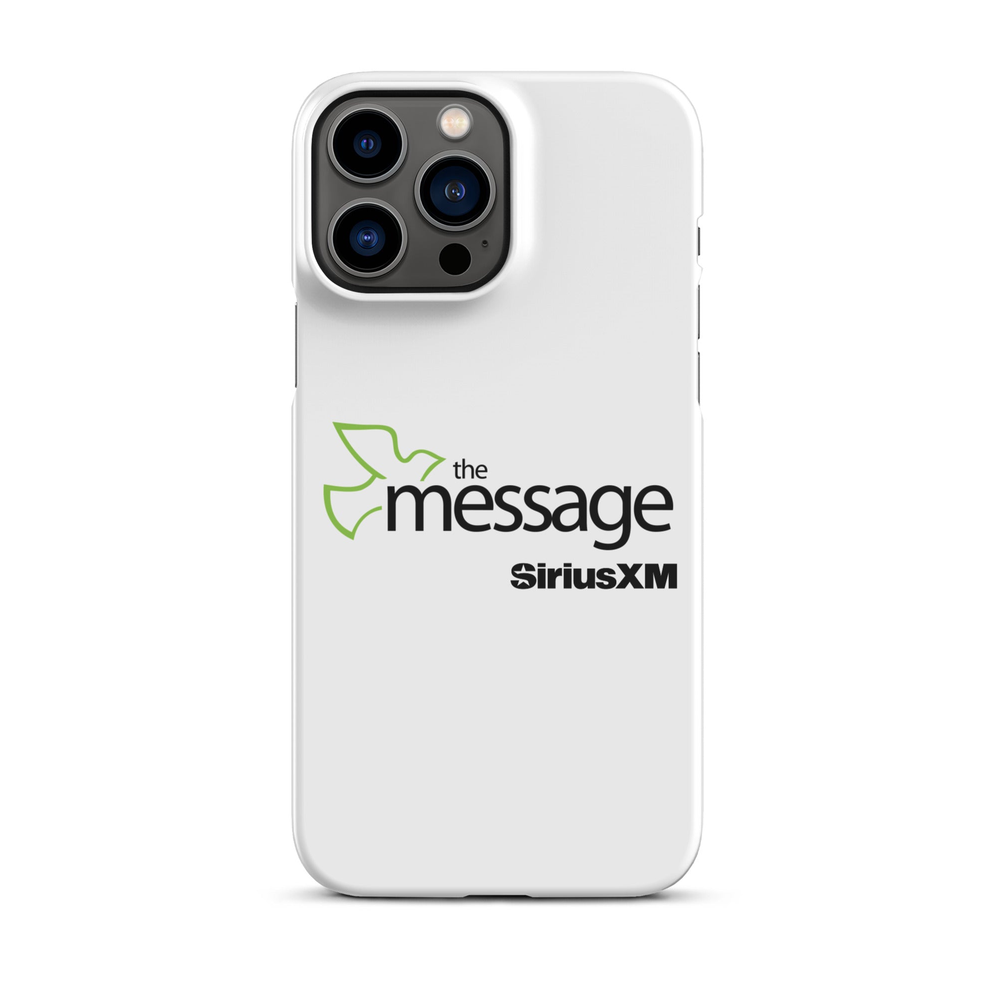 A white phone case featuring 'the message' logo with a green dove and 'SiriusXM' branding.