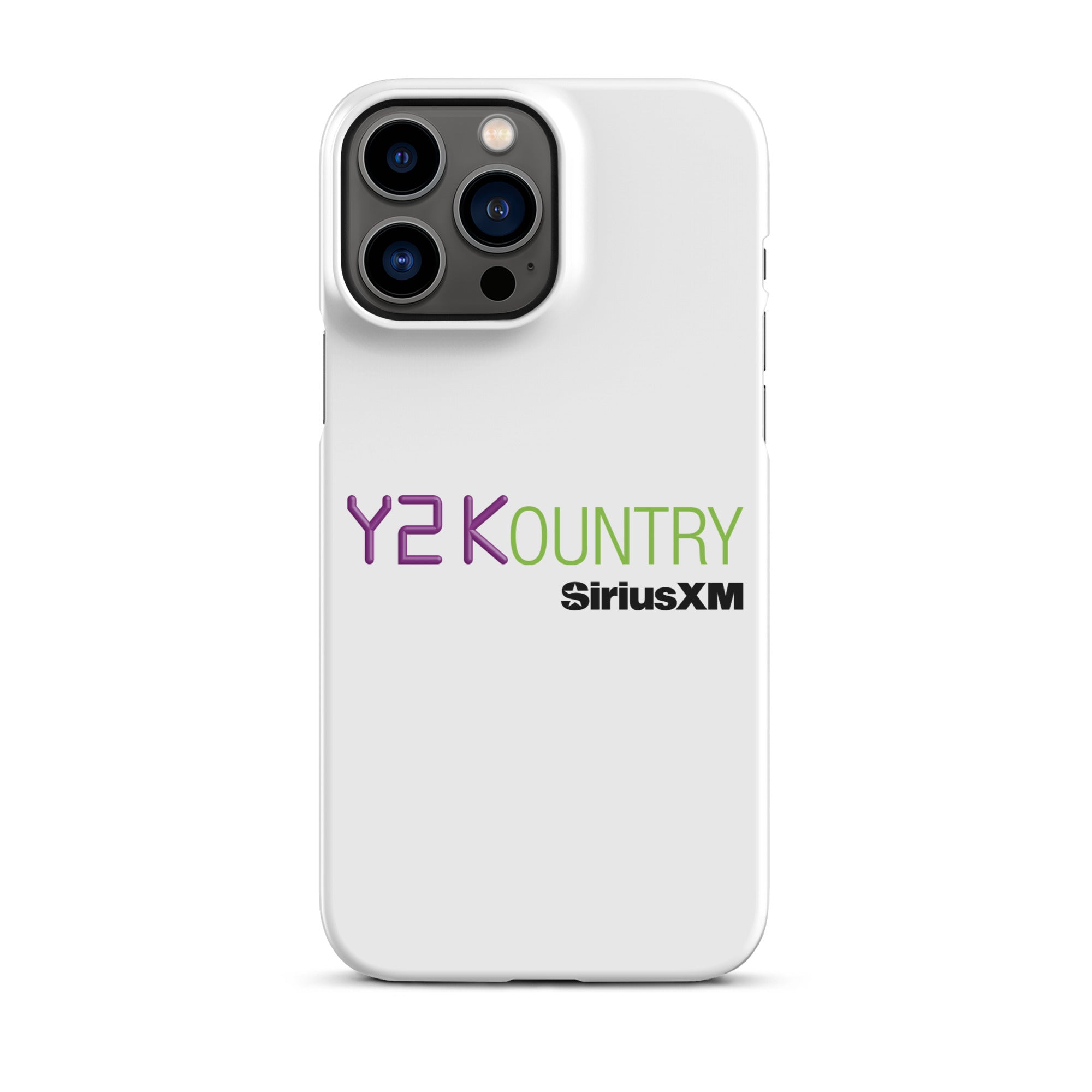 White phone case featuring the text 'Y2KOUNTRY' and 'SiriusXM' in purple and green.