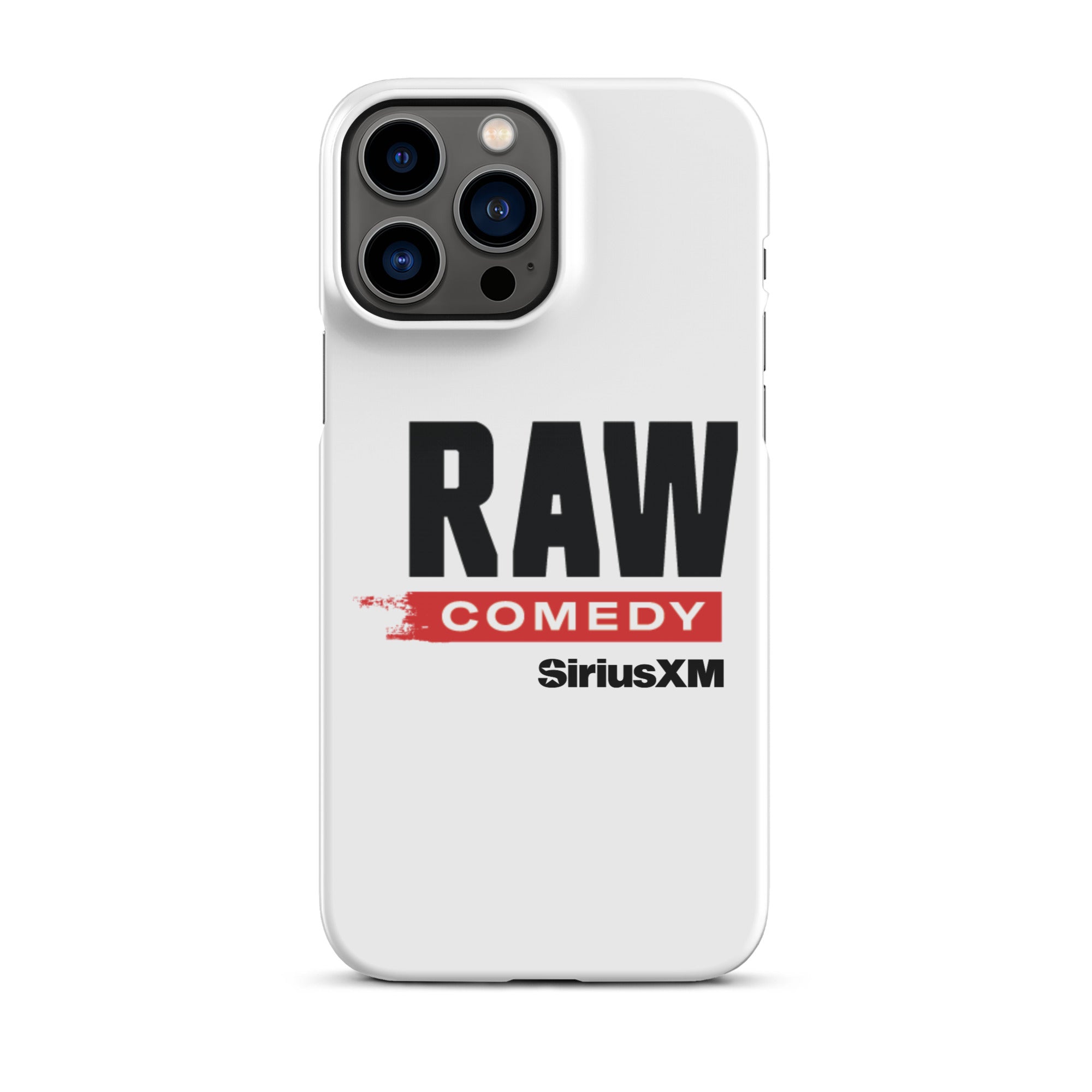 White phone case featuring the text 'RAW COMEDY' and the 'SiriusXM' logo.