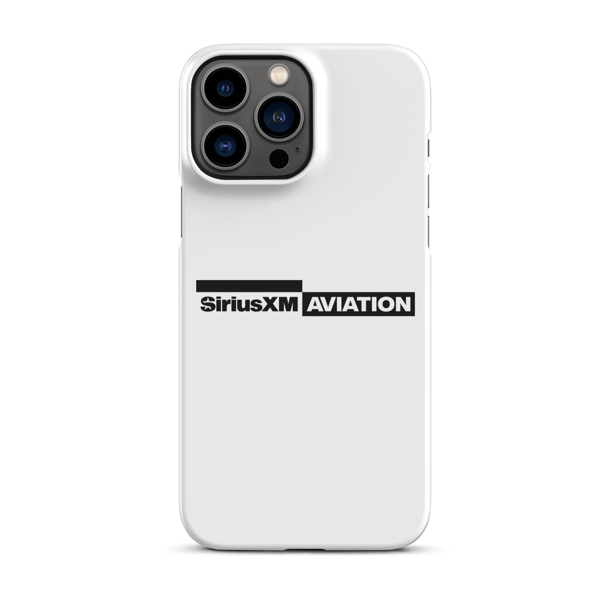 White phone case featuring the SiriusXM Aviation logo in black.