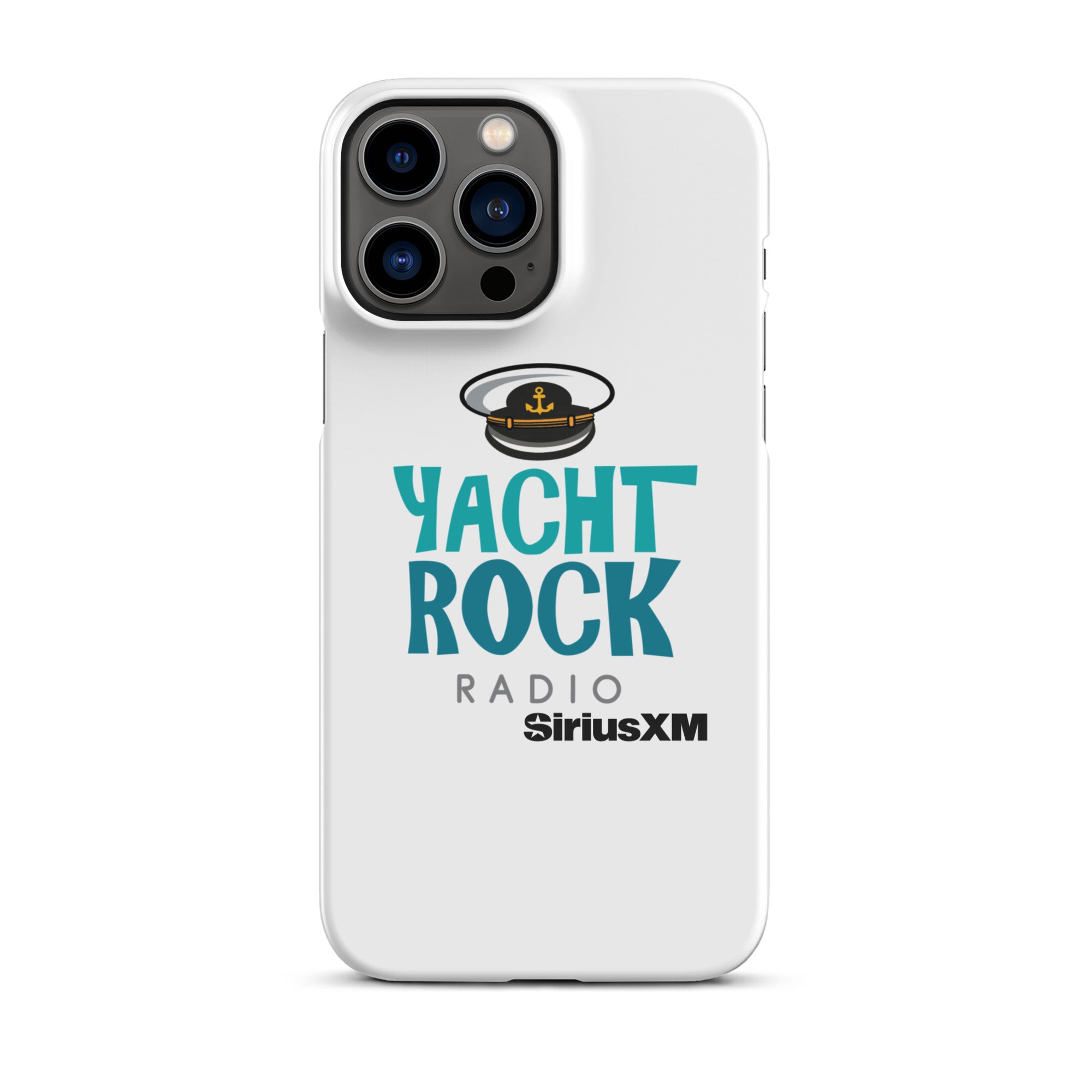 White phone case featuring 'Yacht Rock Radio' logo with a captain's hat and 'SiriusXM' branding.