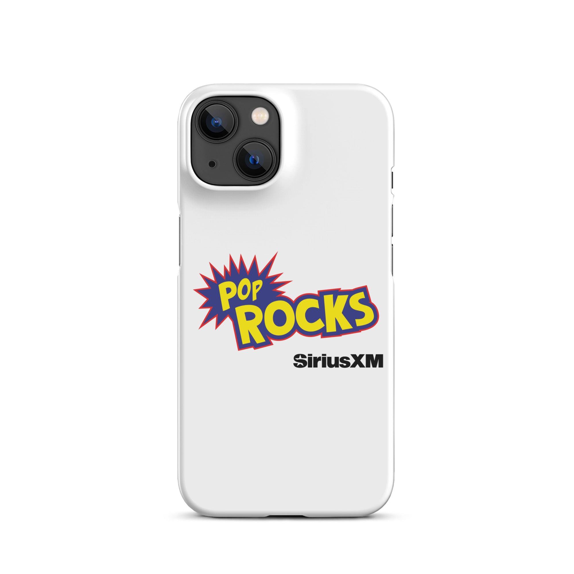 White phone case featuring the text 'POP ROCKS' with a burst design and 'SiriusXM' logo below.