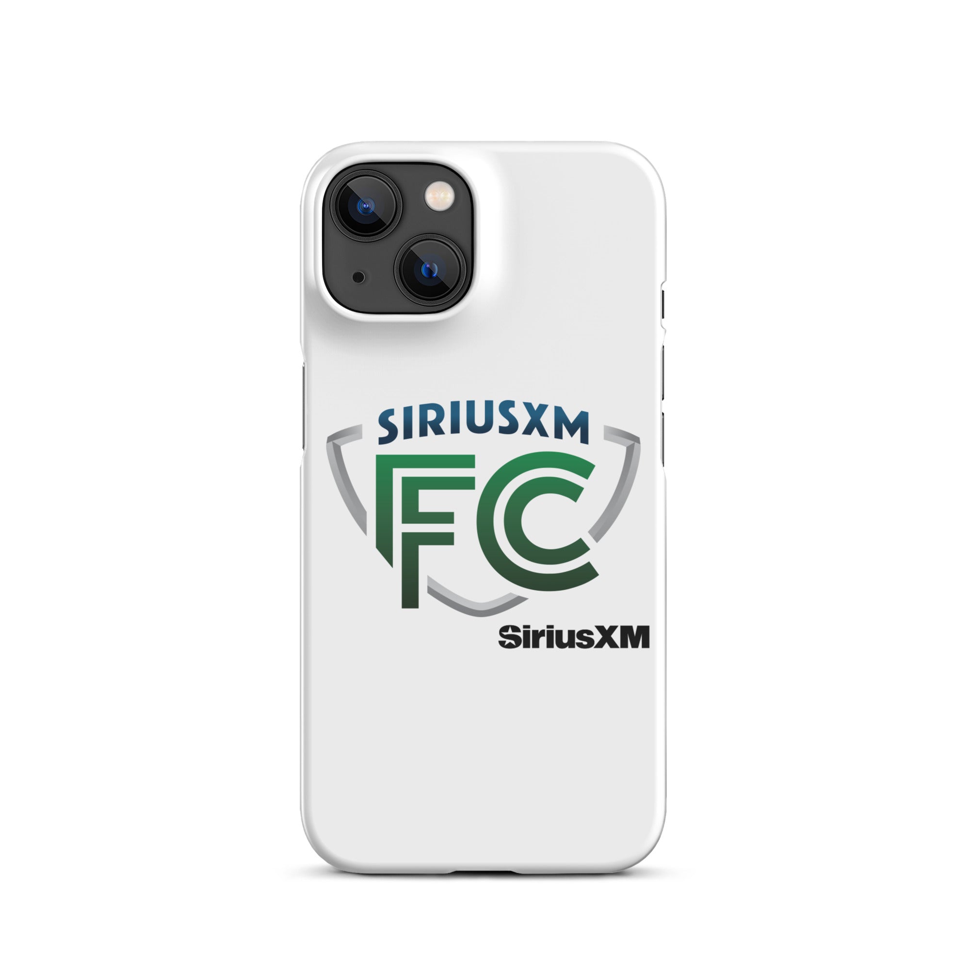 White phone case featuring the 'SiriusXM FC' logo in green and gray with 'SiriusXM' branding in black.