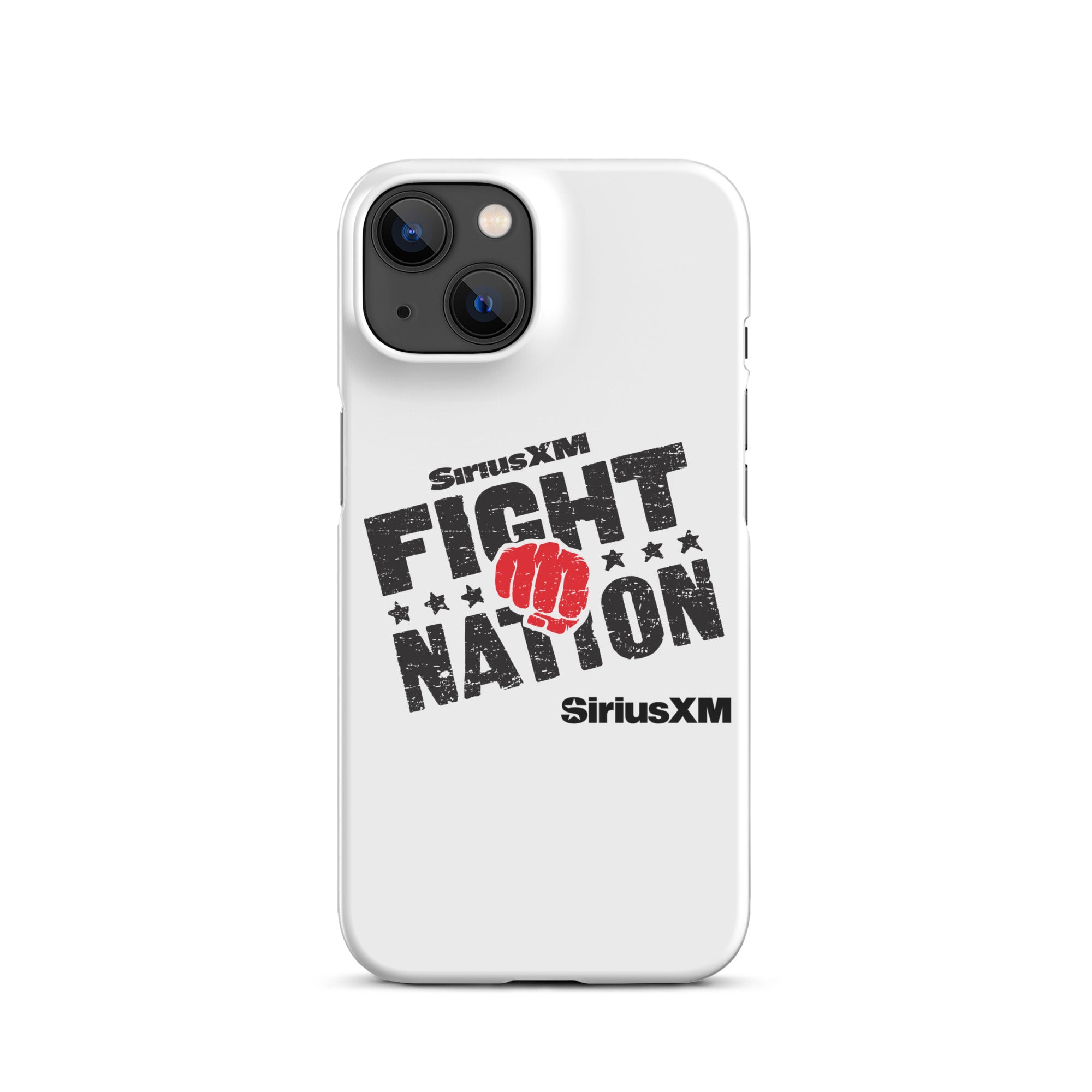 White phone case featuring 'SiriusXM FIGHT NATION' logo with a red fist and stars with 'SiriusXM' branding underneath.