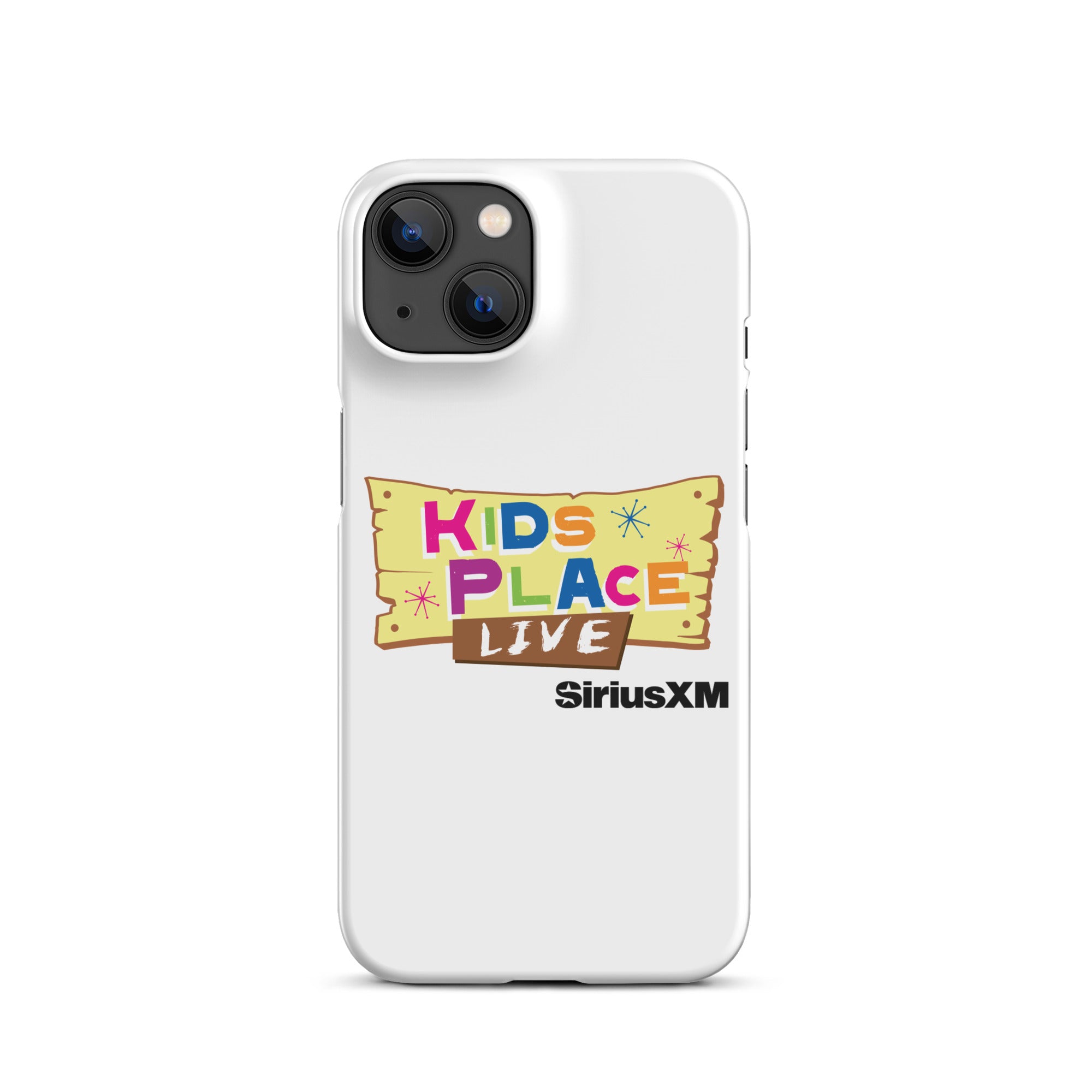 White phone case featuring 'KIDS PLACE LIVE' and 'SiriusXM' logos in colorful, playful design.