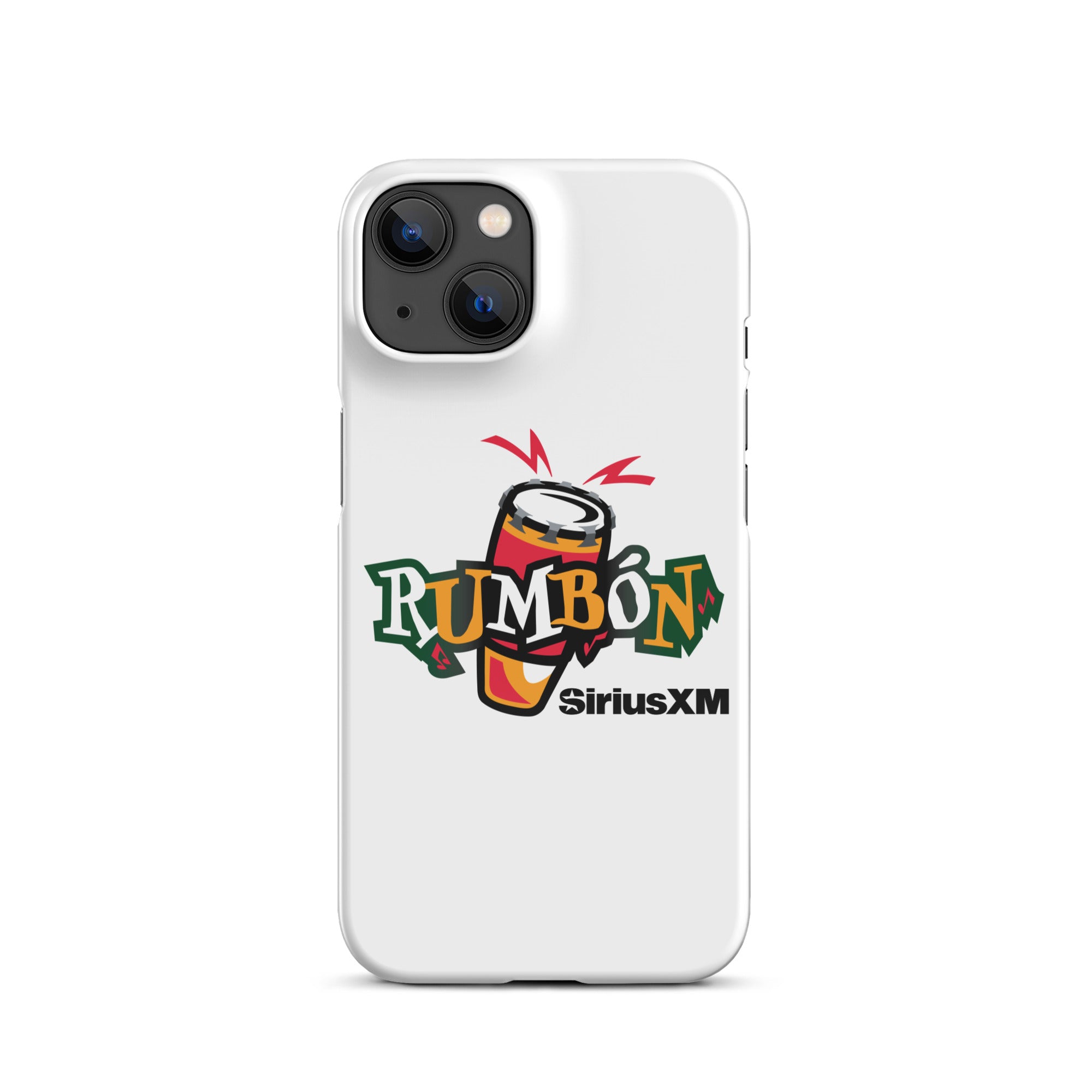 White phone case featuring 'Rumbón' logo with a conga drum and 'SiriusXM' branding.