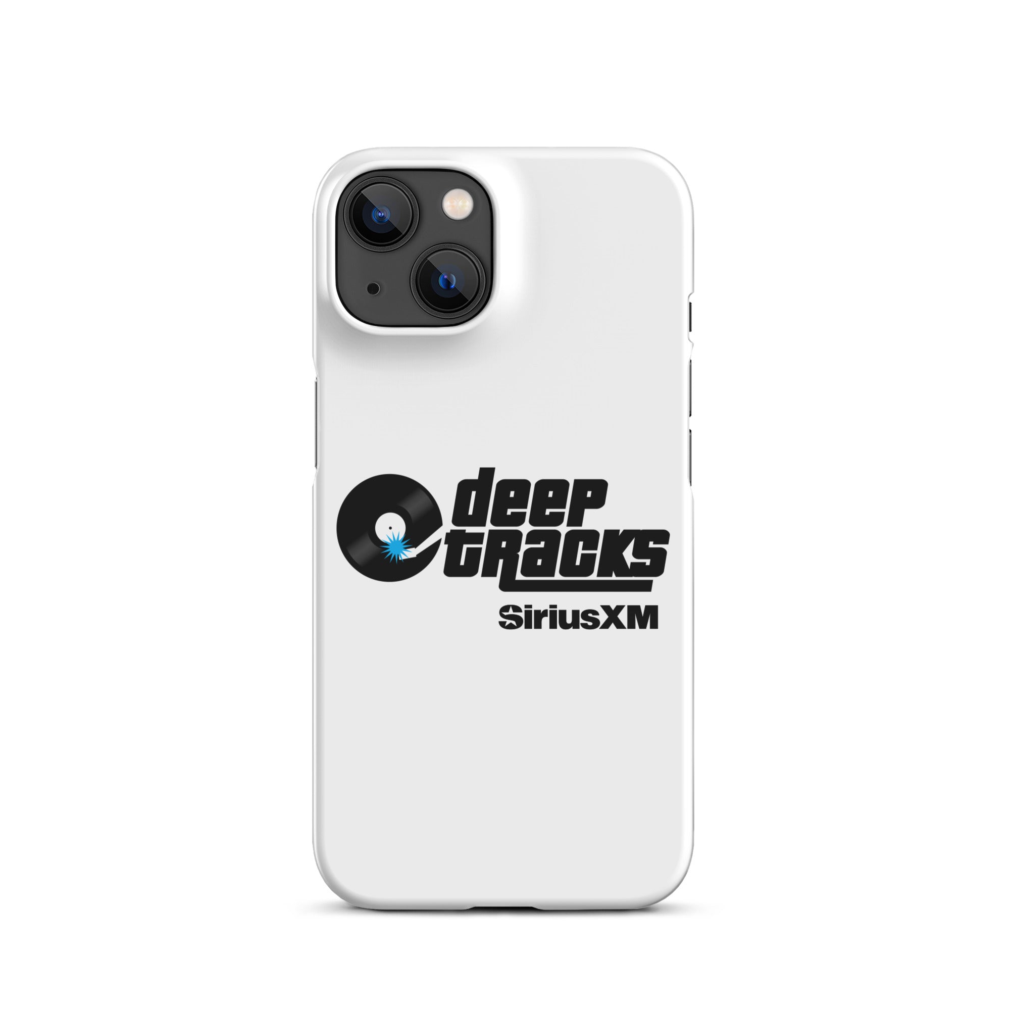 White phone case featuring 'deep TRACKS' and 'SiriusXM' logos with a vinyl record graphic.