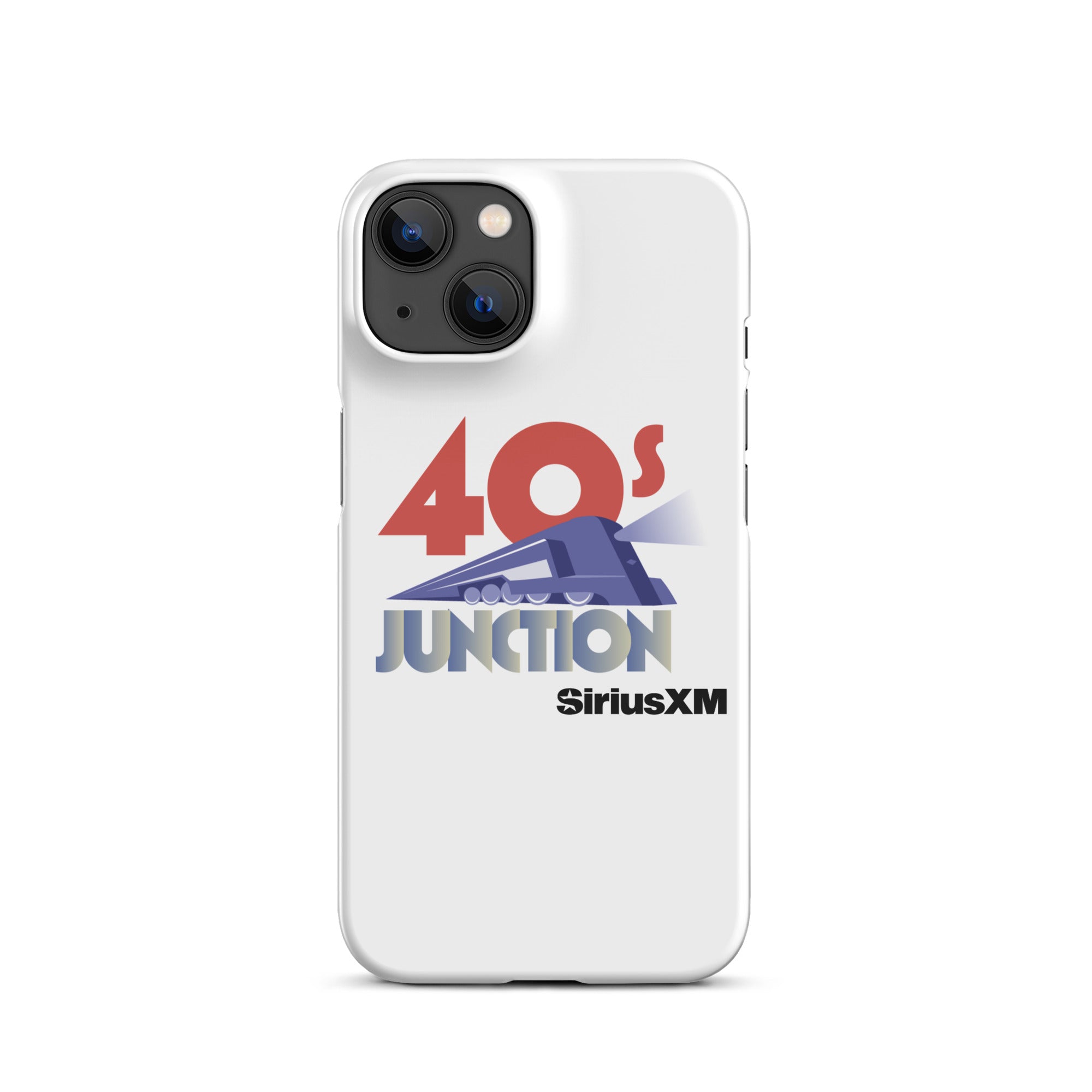 White phone case featuring the text '40s Junction' and a blue train graphic, with 'SiriusXM' logo below.