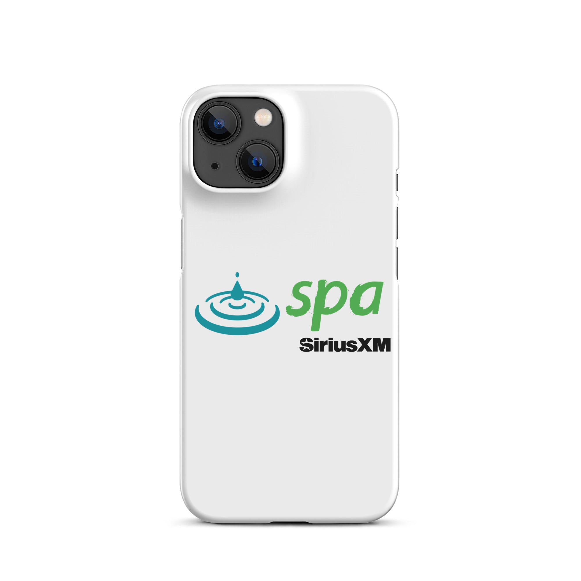 A white phone case featuring the 'spa' logo with a water droplet and ripple design and 'SiriusXM' branding underneath.