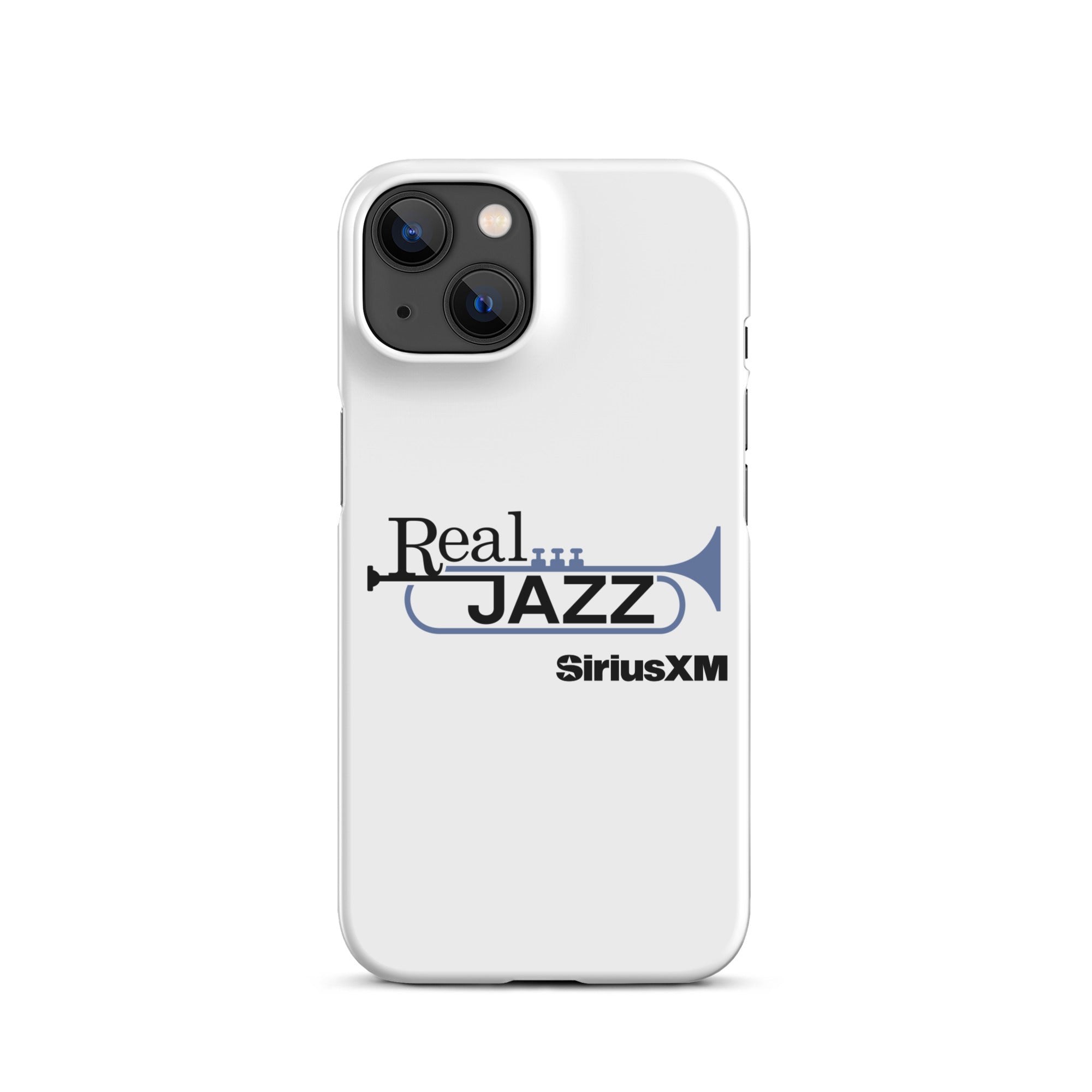 White phone case with 'Real Jazz' text and trumpet logo, featuring 'SiriusXM' branding.
