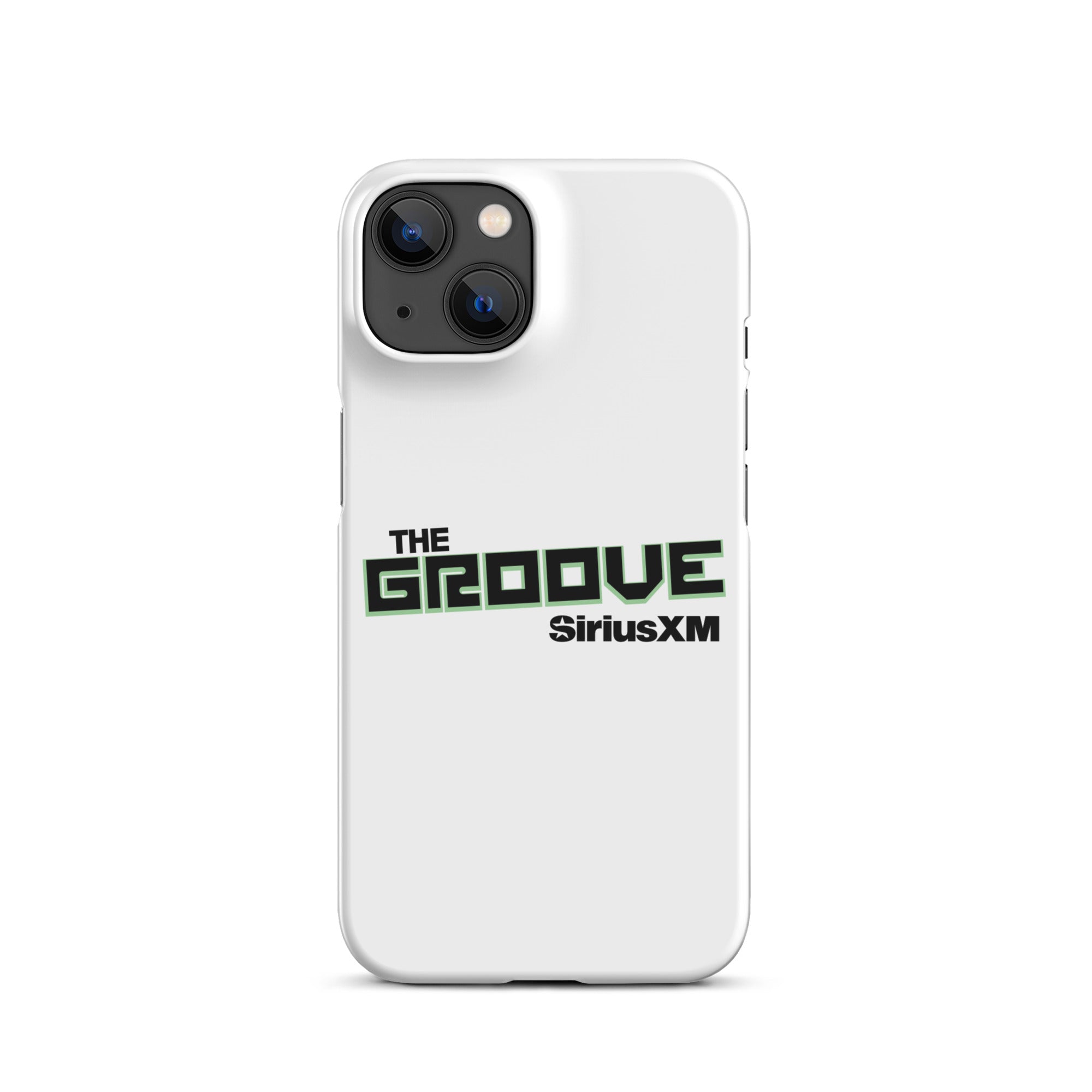 White phone case featuring 'THE GROOVE' and 'SiriusXM' logos in black and green.