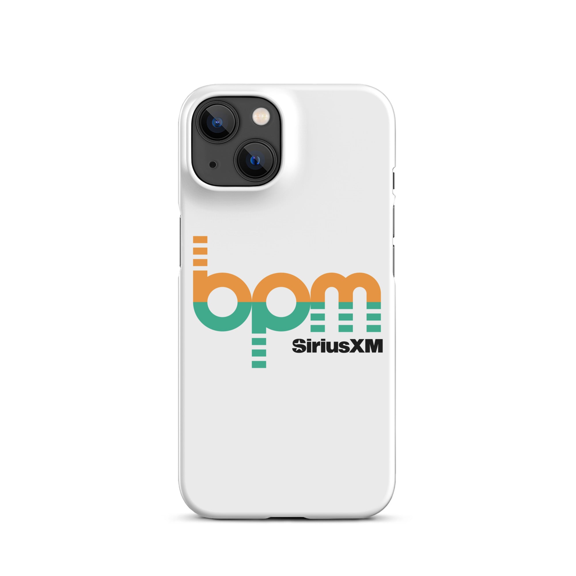 A white phone case featuring the 'BPM' logo in green and orange with 'SiriusXM' branding.