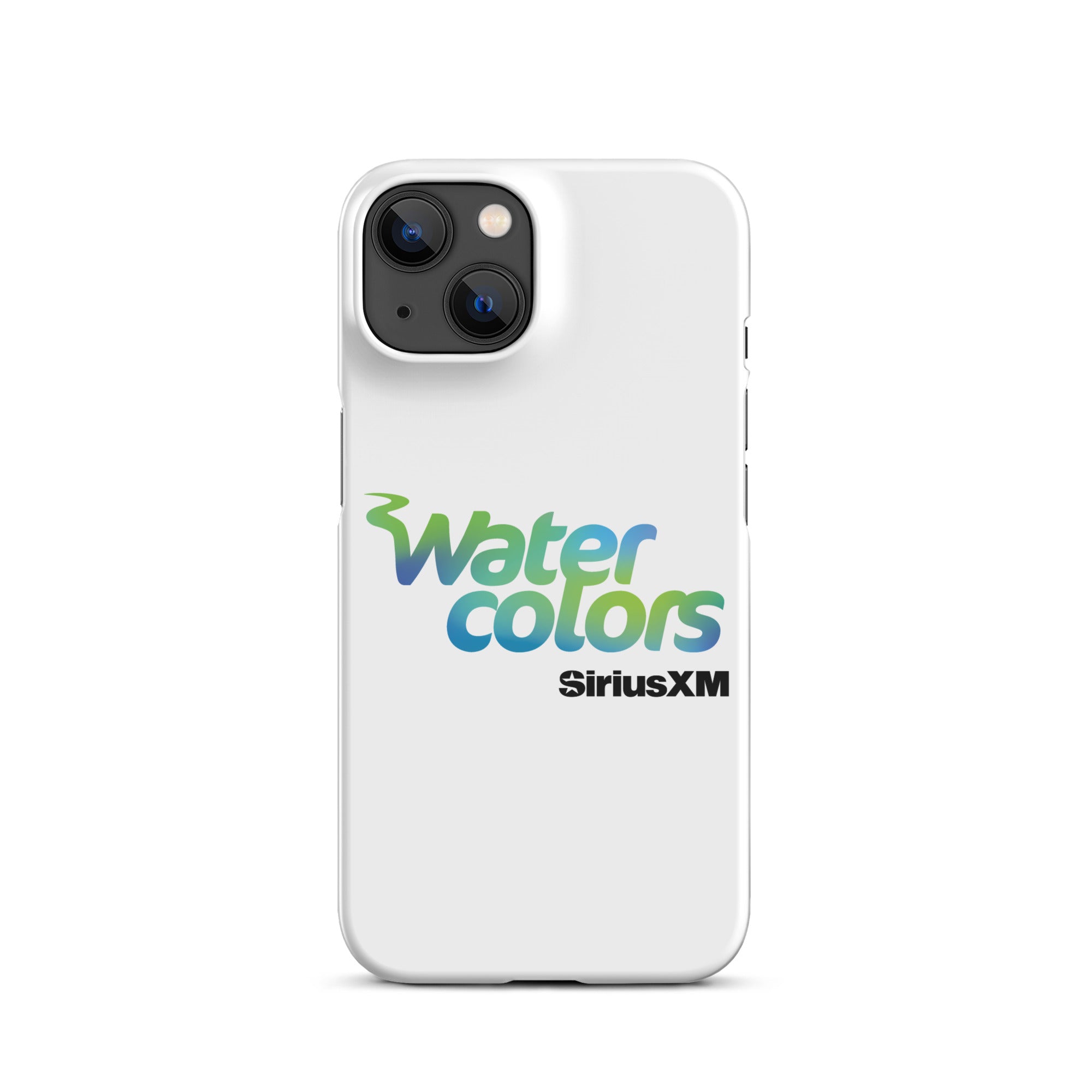 A white phone case featuring the 'Watercolors' logo and 'SiriusXM' branding.