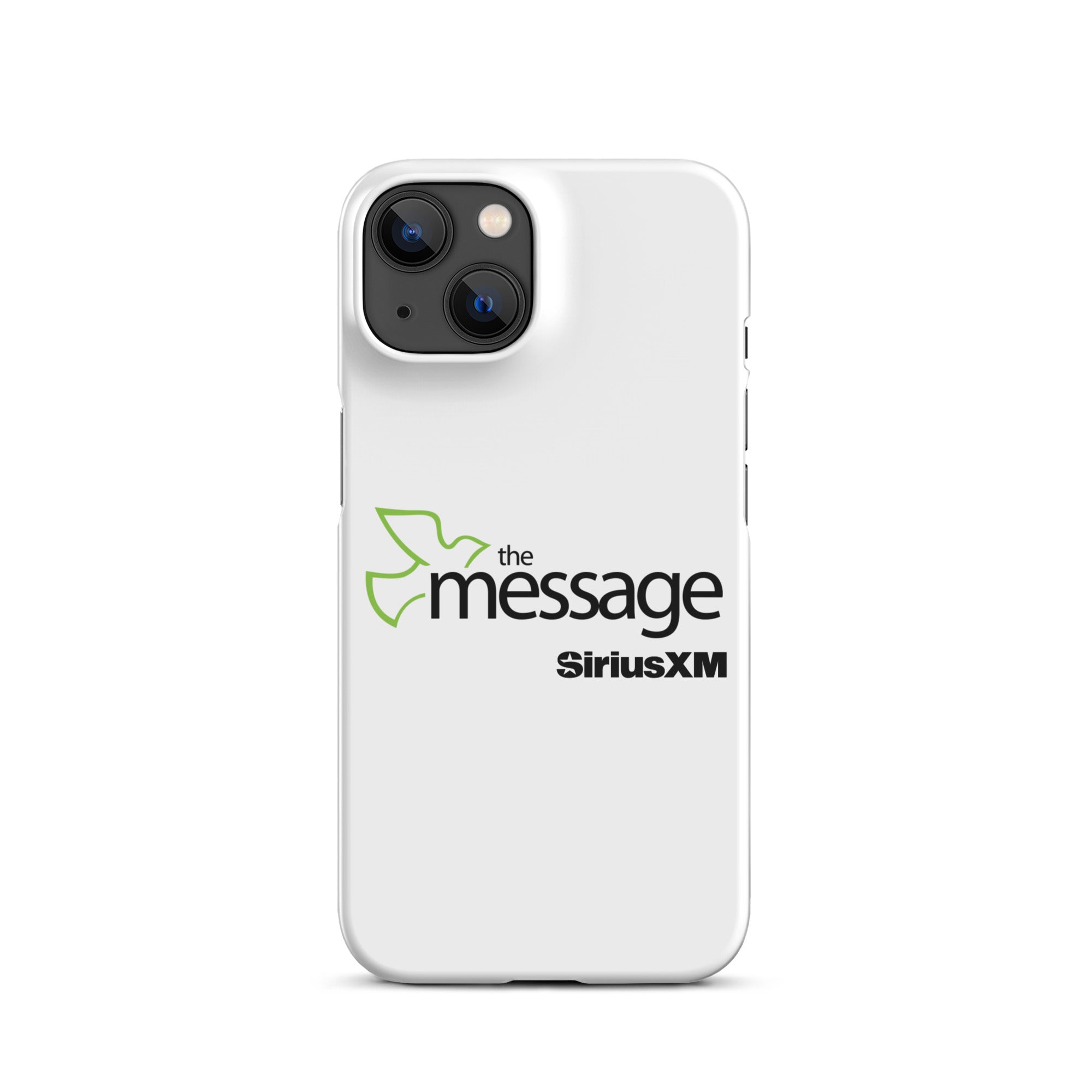 A white phone case featuring 'the message' logo with a green dove and 'SiriusXM' branding.
