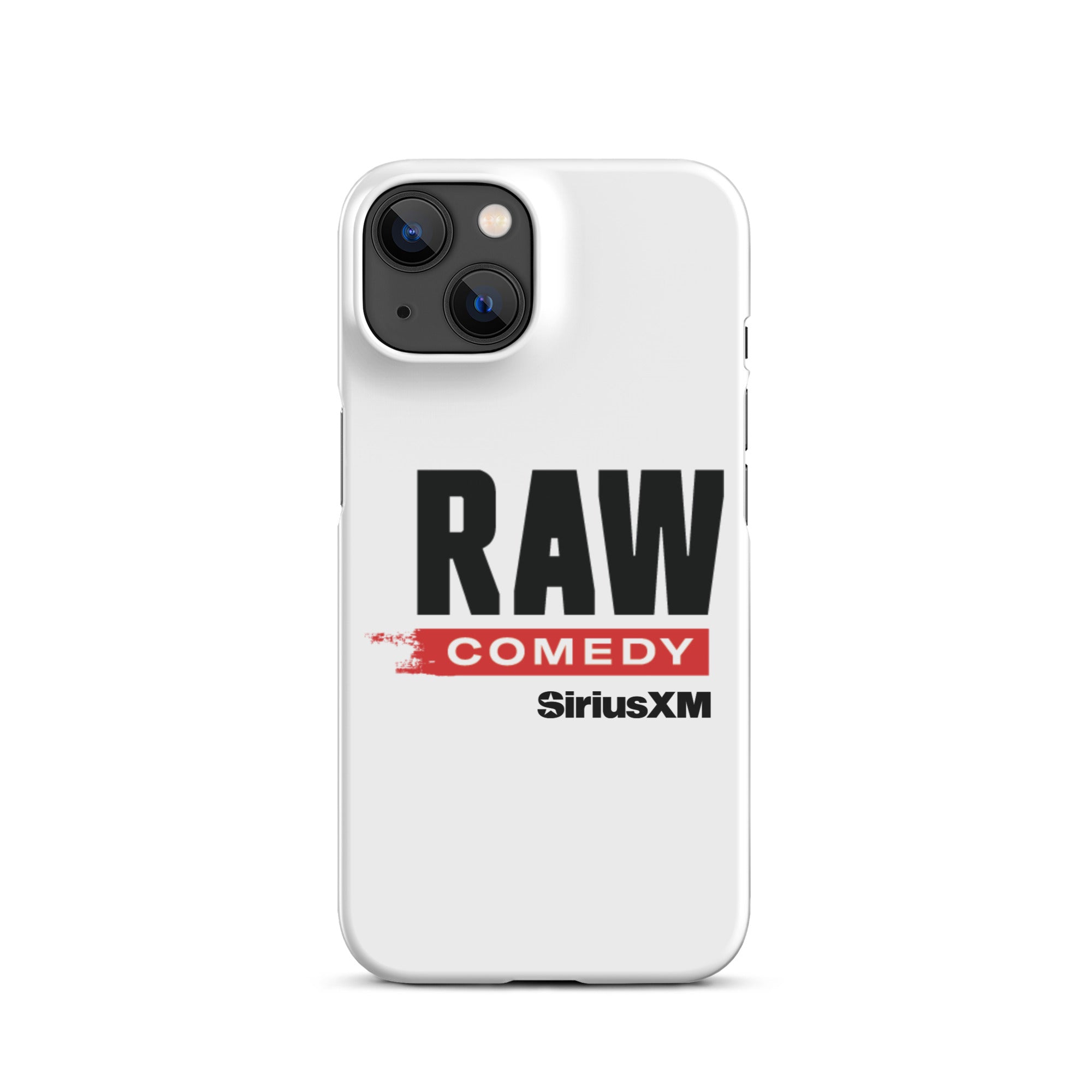 White phone case featuring the text 'RAW COMEDY' and the 'SiriusXM' logo.
