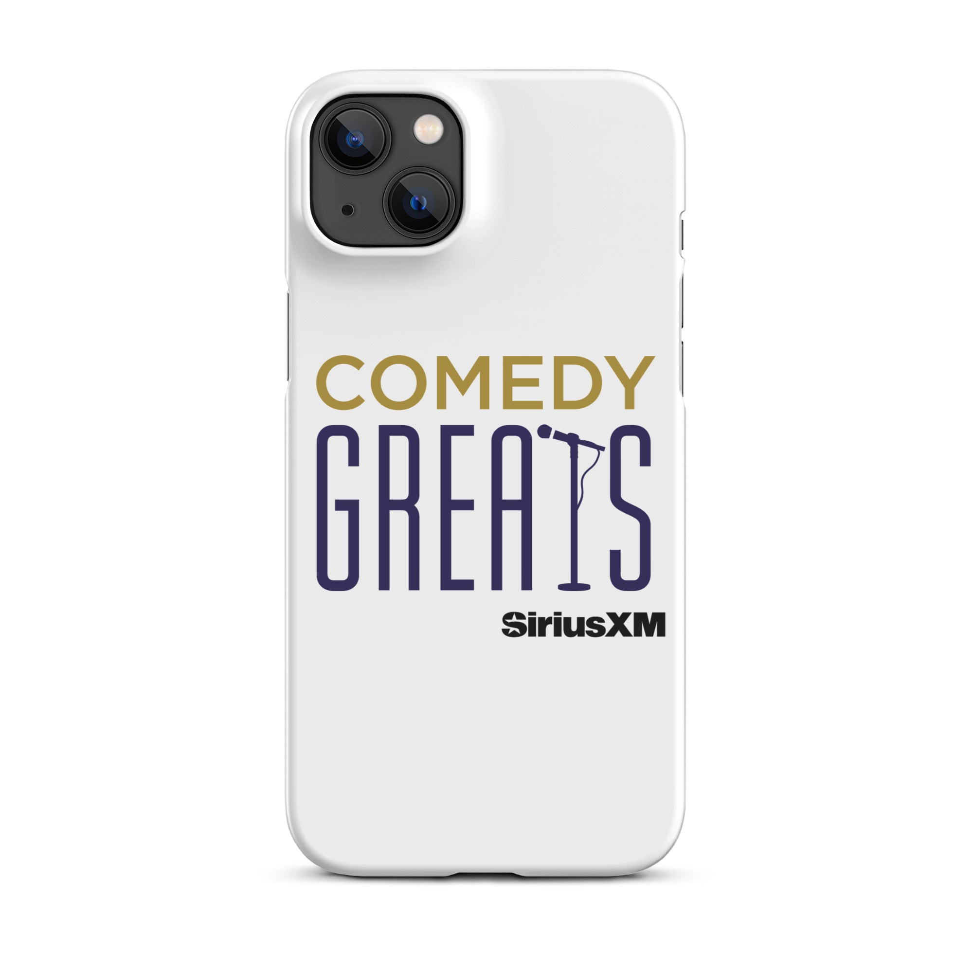 White phone case featuring the text 'COMEDY GREATS' and the 'SiriusXM' logo.