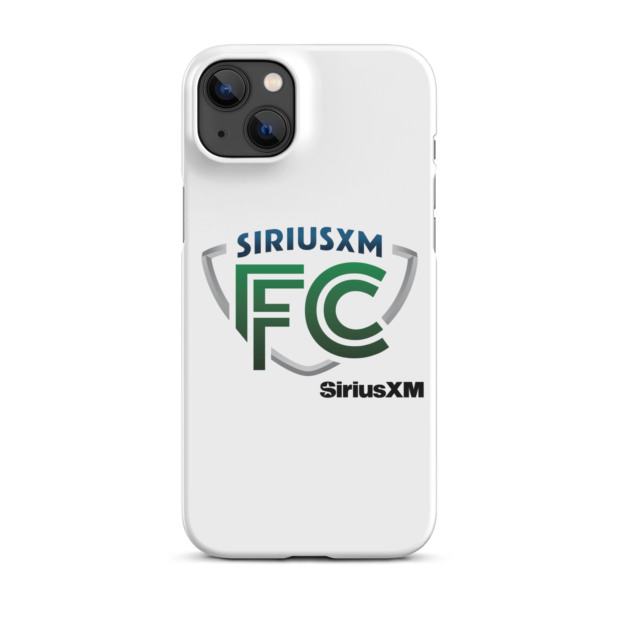 White phone case featuring the 'SiriusXM FC' logo in green and gray with 'SiriusXM' branding in black.
