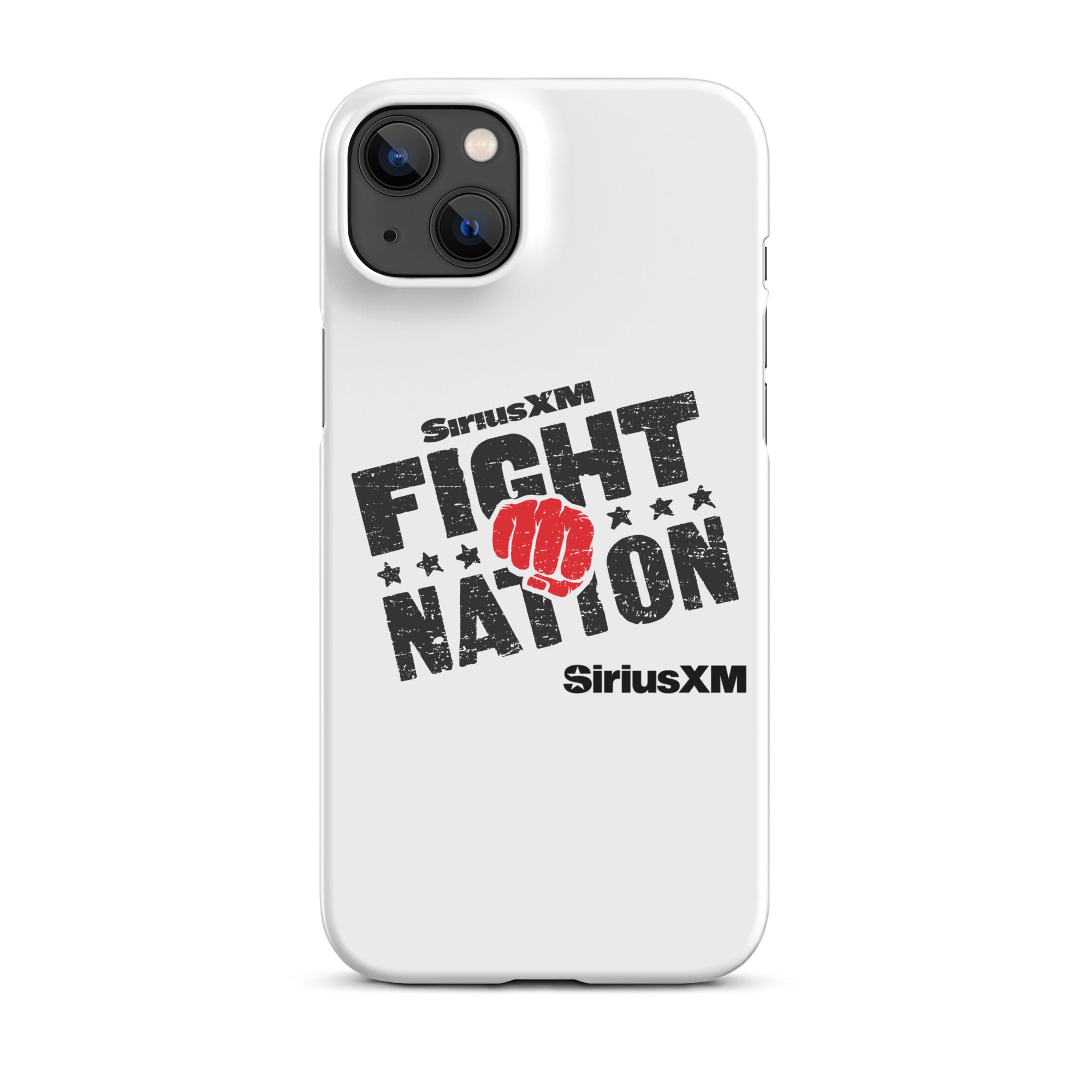 White phone case featuring 'SiriusXM FIGHT NATION' logo with a red fist and stars with 'SiriusXM' branding underneath.