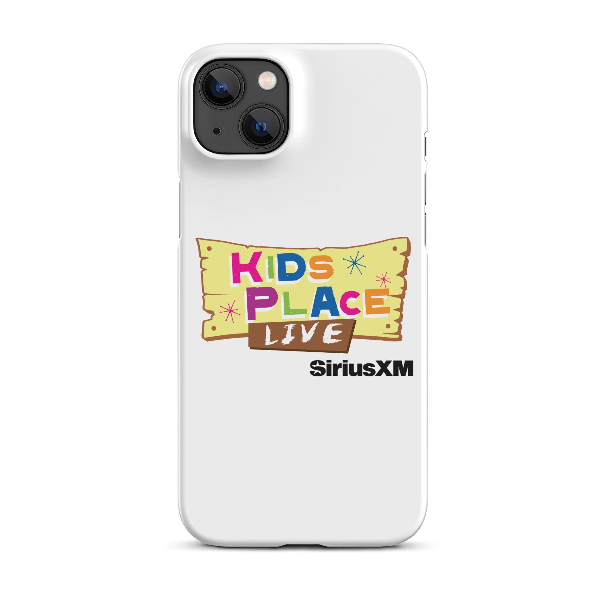 White phone case featuring 'KIDS PLACE LIVE' and 'SiriusXM' logos in colorful, playful design.