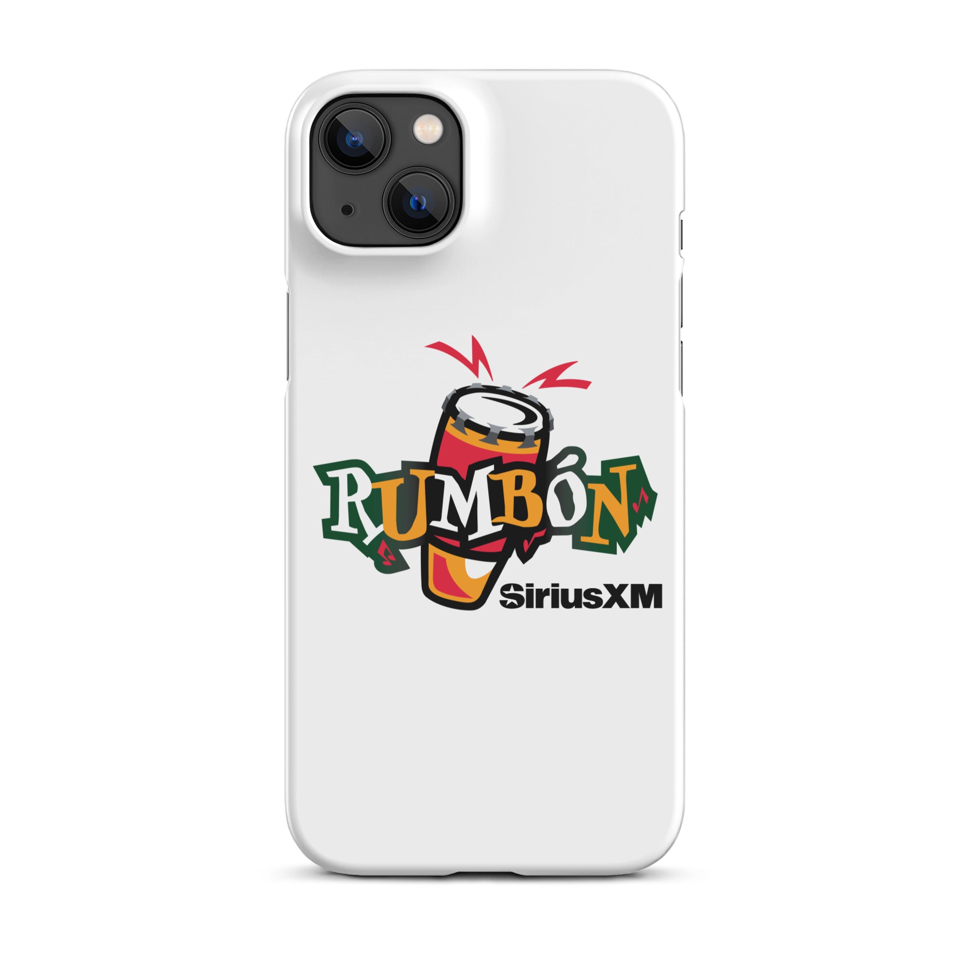 White phone case featuring 'Rumbón' logo with a conga drum and 'SiriusXM' branding.