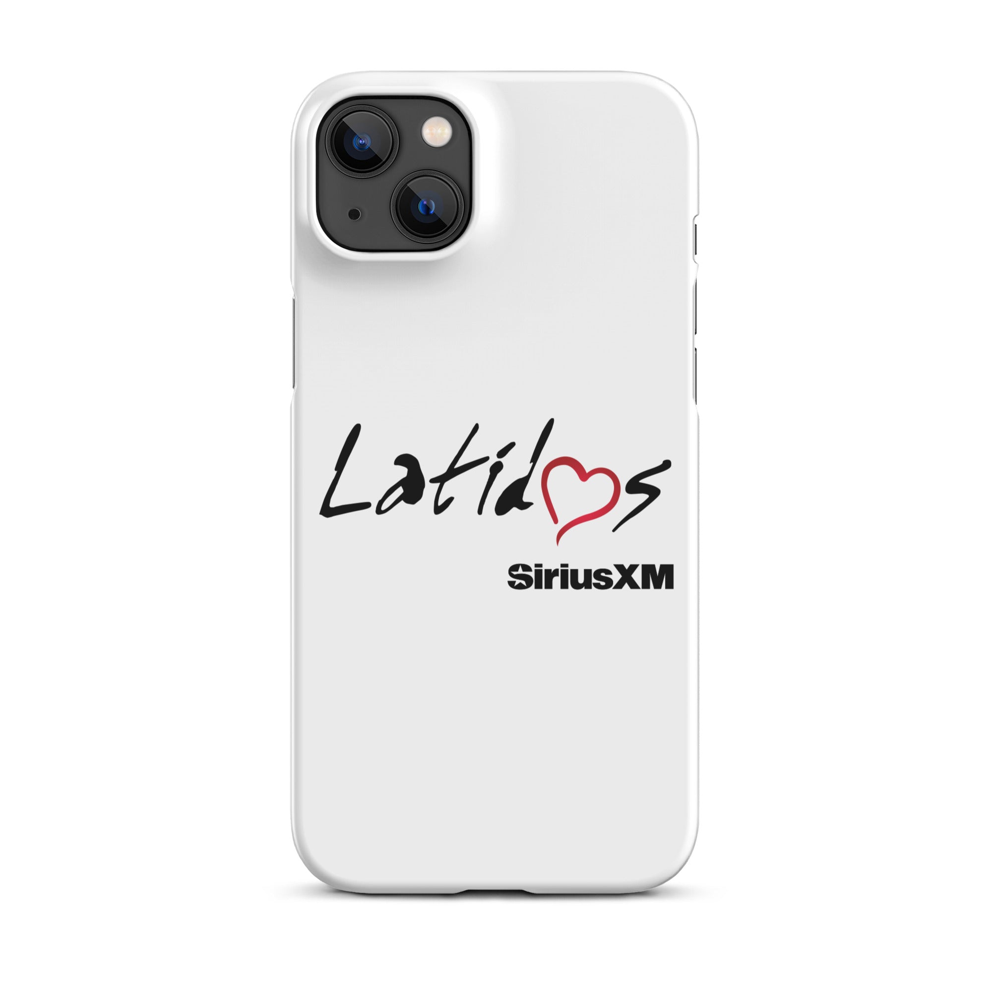 White phone case featuring the text 'Latidos' with a red heart and 'SiriusXM' logo.