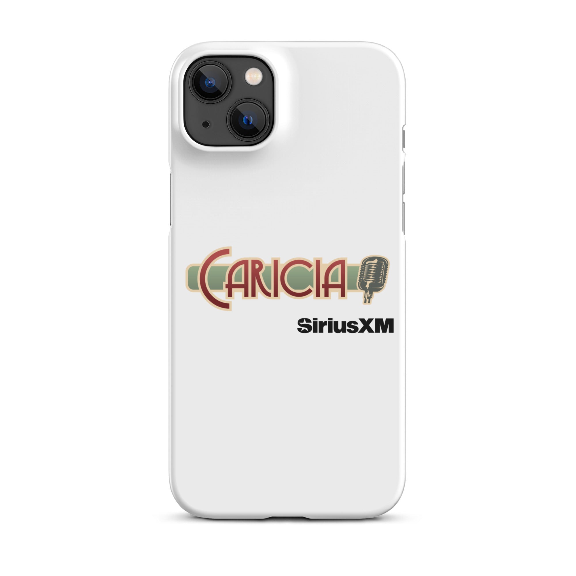 White phone case with a logo of 'Caricia' with a microphone icon and 'SiriusXM' branding.