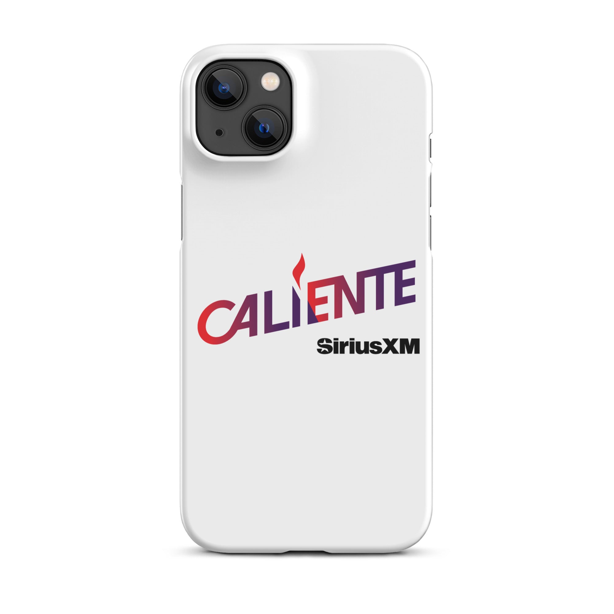 White phone case featuring 'CALIENTE' logo and 'SiriusXM' in bold lettering.