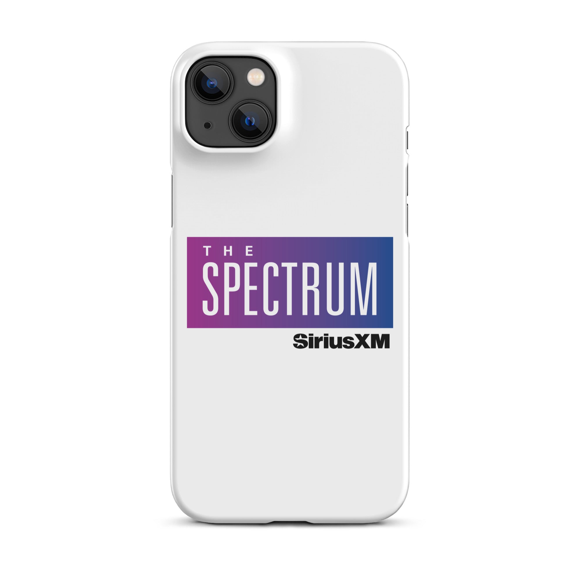 White phone case featuring 'THE SPECTRUM' logo  in gradient blue and purple.and 'SiriusXM' branding.