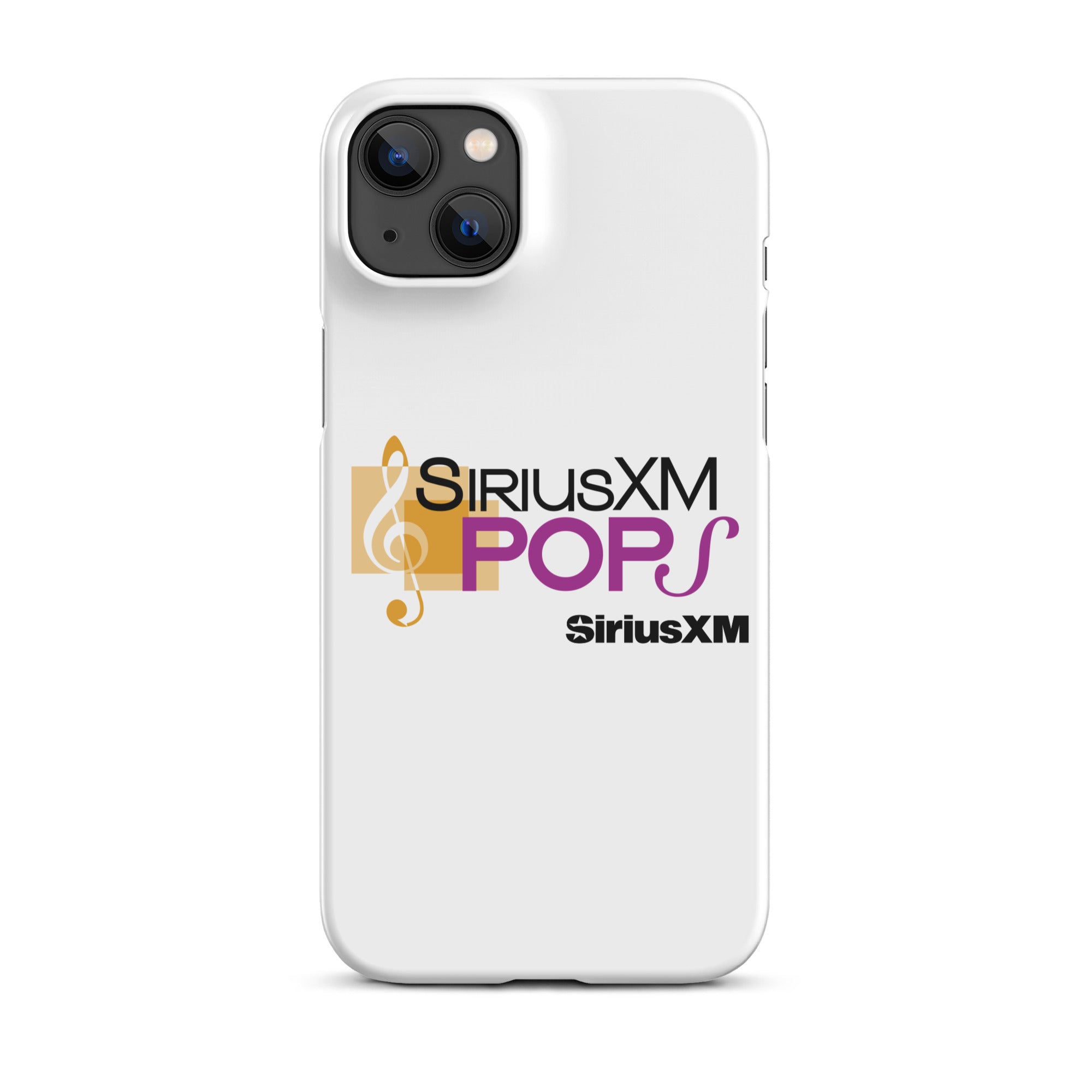 A white phone case featuring the 'SiriusXM POPS' logo in purple with a gold musical note design and 'SiriusXM' branding.