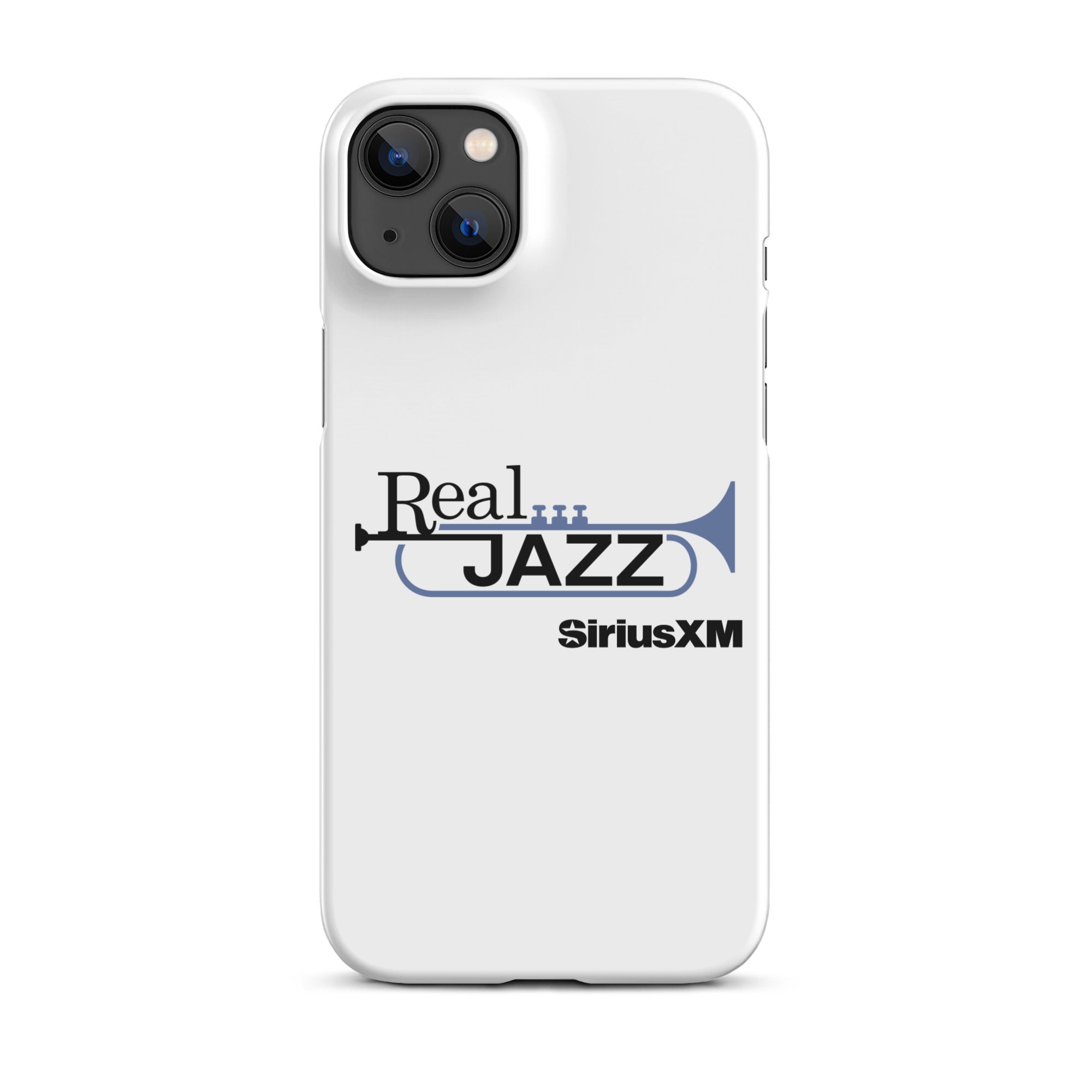 White phone case with 'Real Jazz' text and trumpet logo, featuring 'SiriusXM' branding.