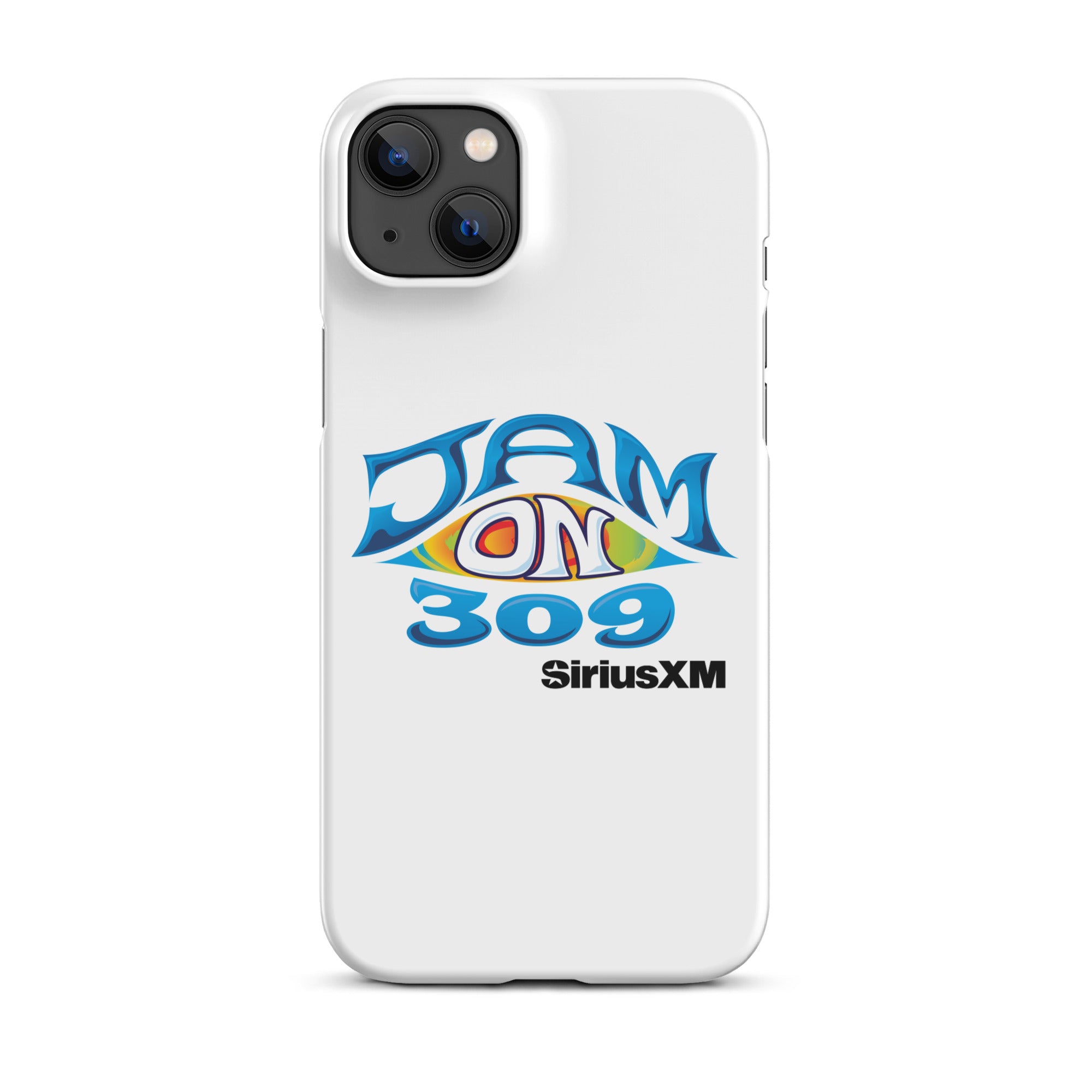 White phone case featuring the logo 'JAM ON 309' and 'SiriusXM' in colorful, stylized lettering.