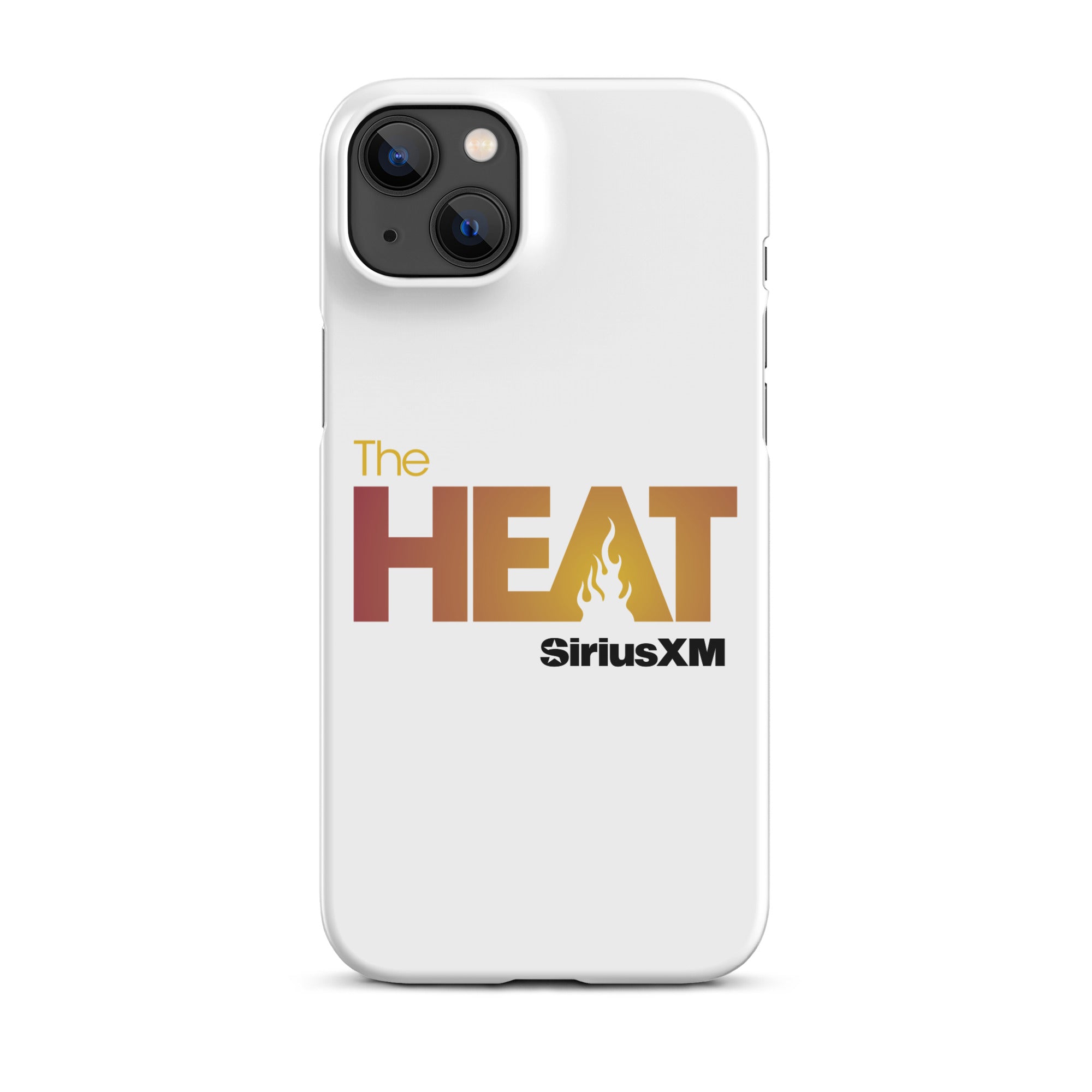 White phone case featuring 'The HEAT' text with a flame design and 'SiriusXM' logo.