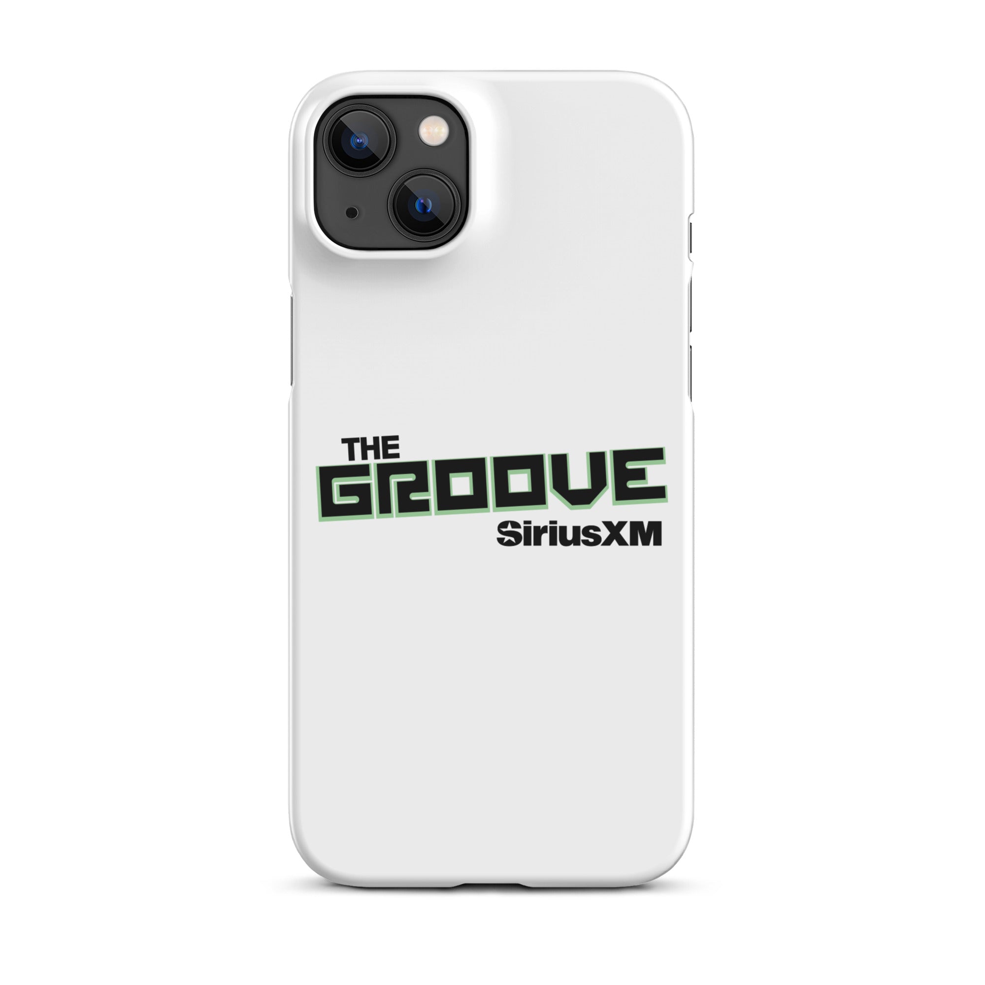 White phone case featuring 'THE GROOVE' and 'SiriusXM' logos in black and green.