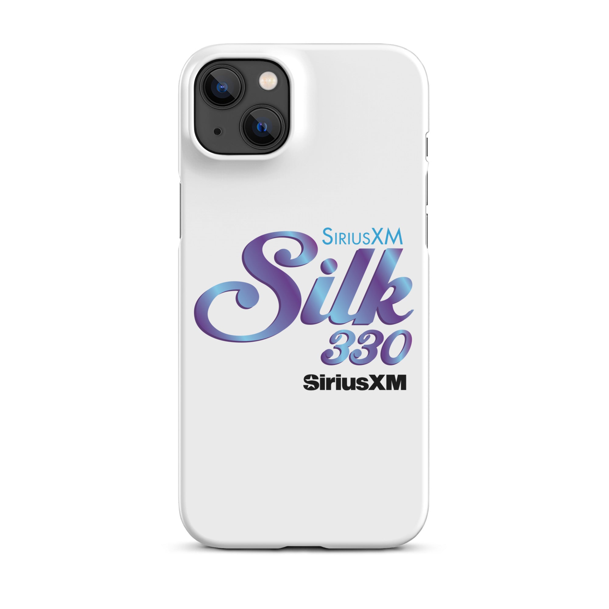 White smartphone case with 'SiriusXM Silk 330' logo in stylized purple and blue lettering and 'SiriusXM' branding.