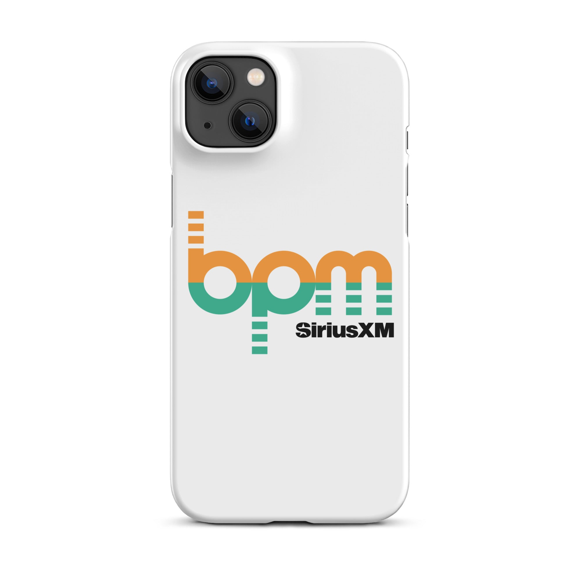 A white phone case featuring the 'BPM' logo in green and orange with 'SiriusXM' branding.