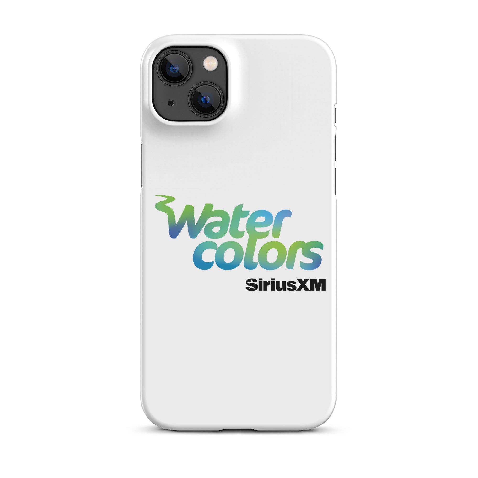 A white phone case featuring the 'Watercolors' logo and 'SiriusXM' branding.