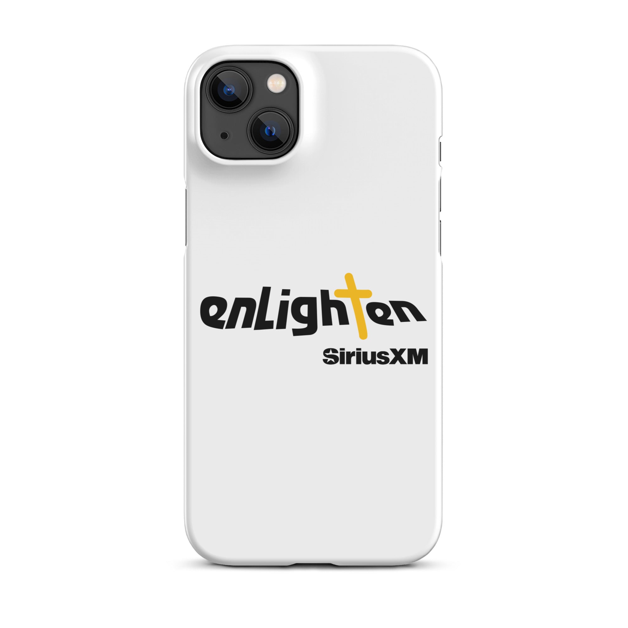 White phone case featuring the 'enLighten' logo with a cross and 'SiriusXM' text below.