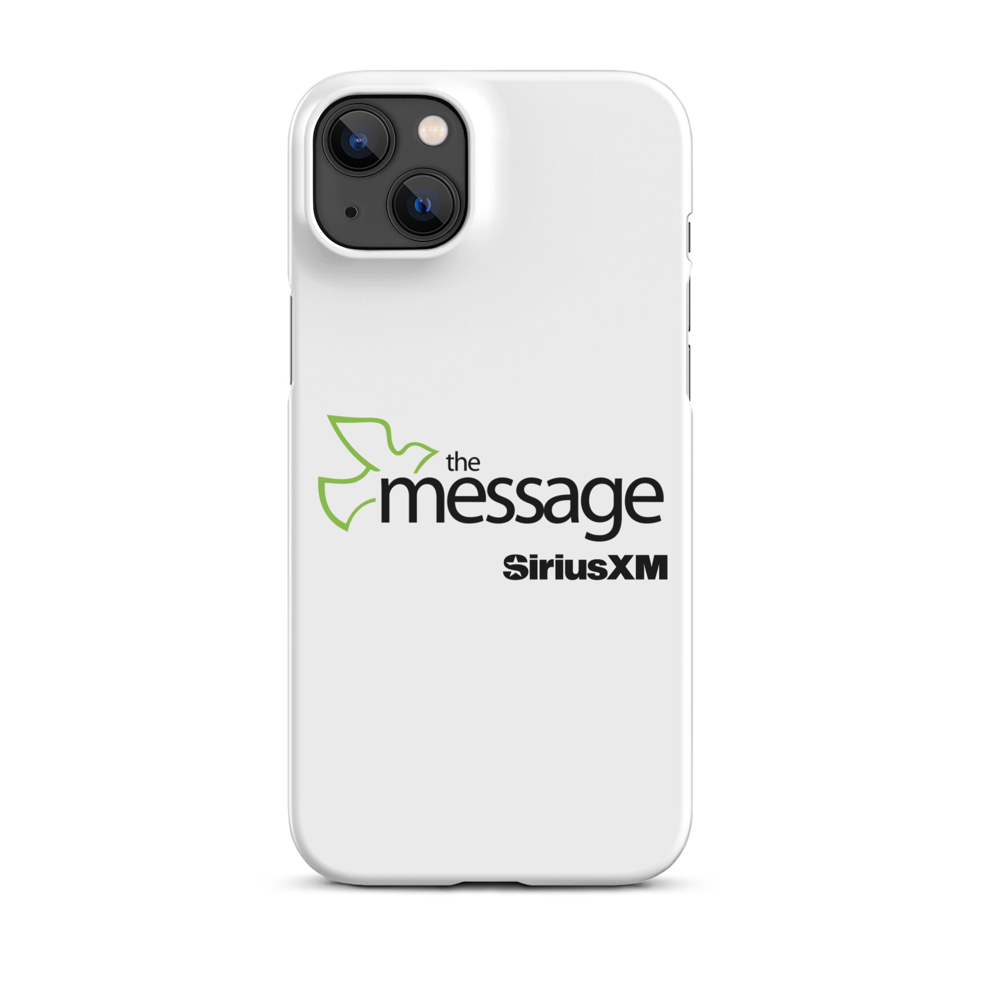 A white phone case featuring 'the message' logo with a green dove and 'SiriusXM' branding.